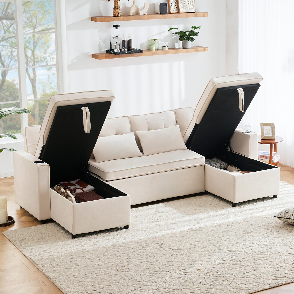 SCHLAFSOFA U-Form mit Getränkehalter und Stauraum - Beige, Textil (270/86/130cm)