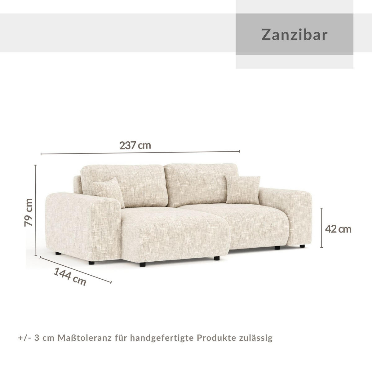 ECKSOFA Zanzibar Beige Webstoff - Beige/Schwarz, Holz/Holzwerkstoff (237/144cm) - Maison de Reve