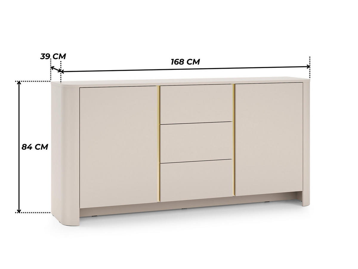 ABGERUNDETE Kommode AURA K2D3SZ (Kaschmir Matt, Gold, Schubladen, Push to Open) - Kaschmir, Holz/Holzwerkstoff (168/84/39cm) - Ravio