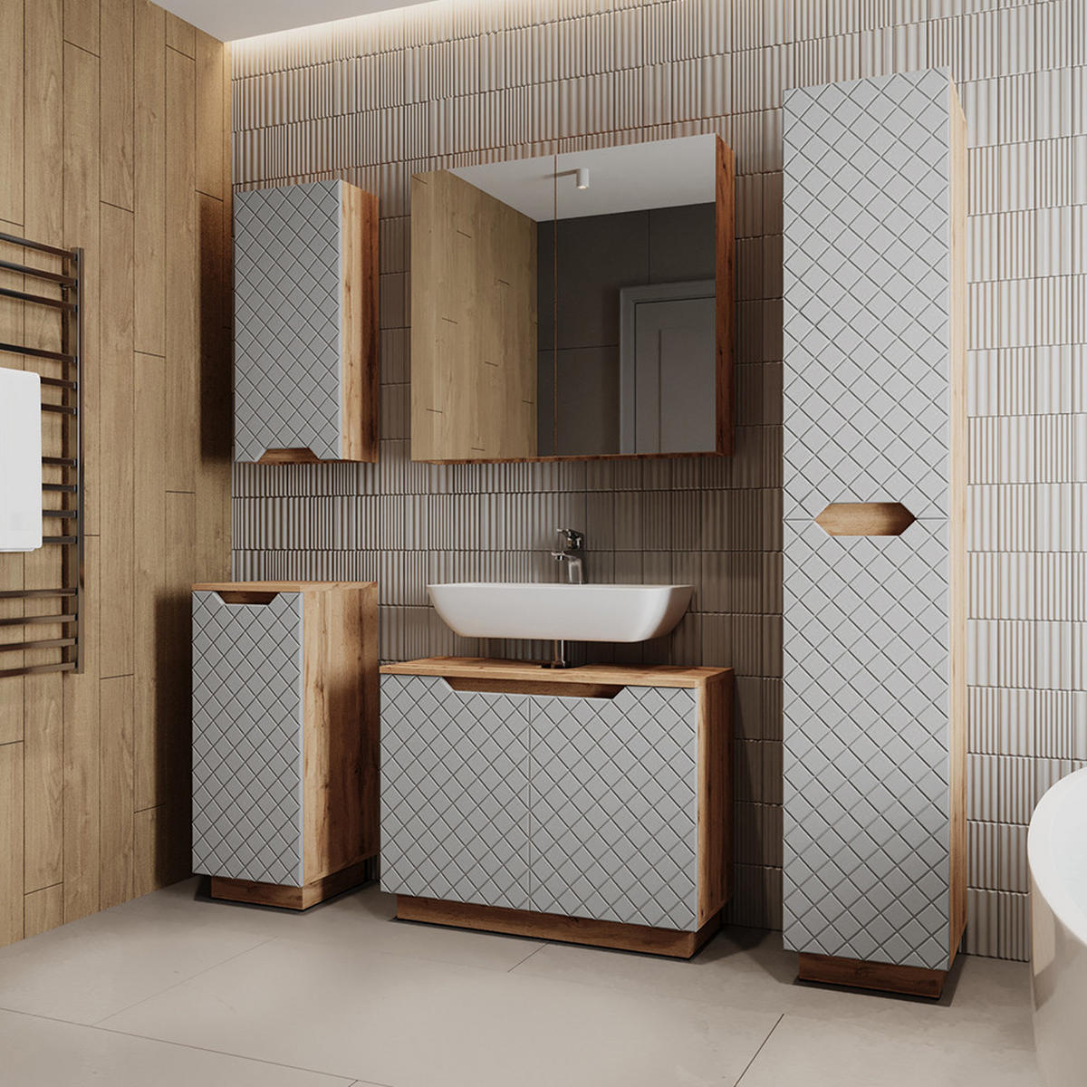 BADMÖBEL-SET Lotta Eiche/Grau mit Kachelstruktur 5 Teile - Grau, Holzwerkstoff (79.6/62.1/32cm) - Vicco