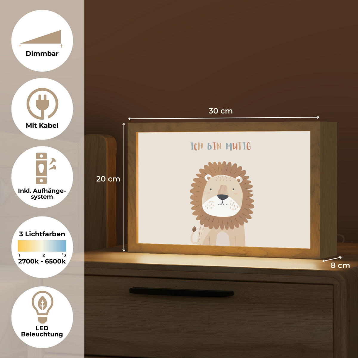 WANDLEUCHTE Löwe - Beige - Tier - Mutig - Zitat 30x20 cm - Beige, Holzwerkstoff (30/20/8cm) - OnlyWow
