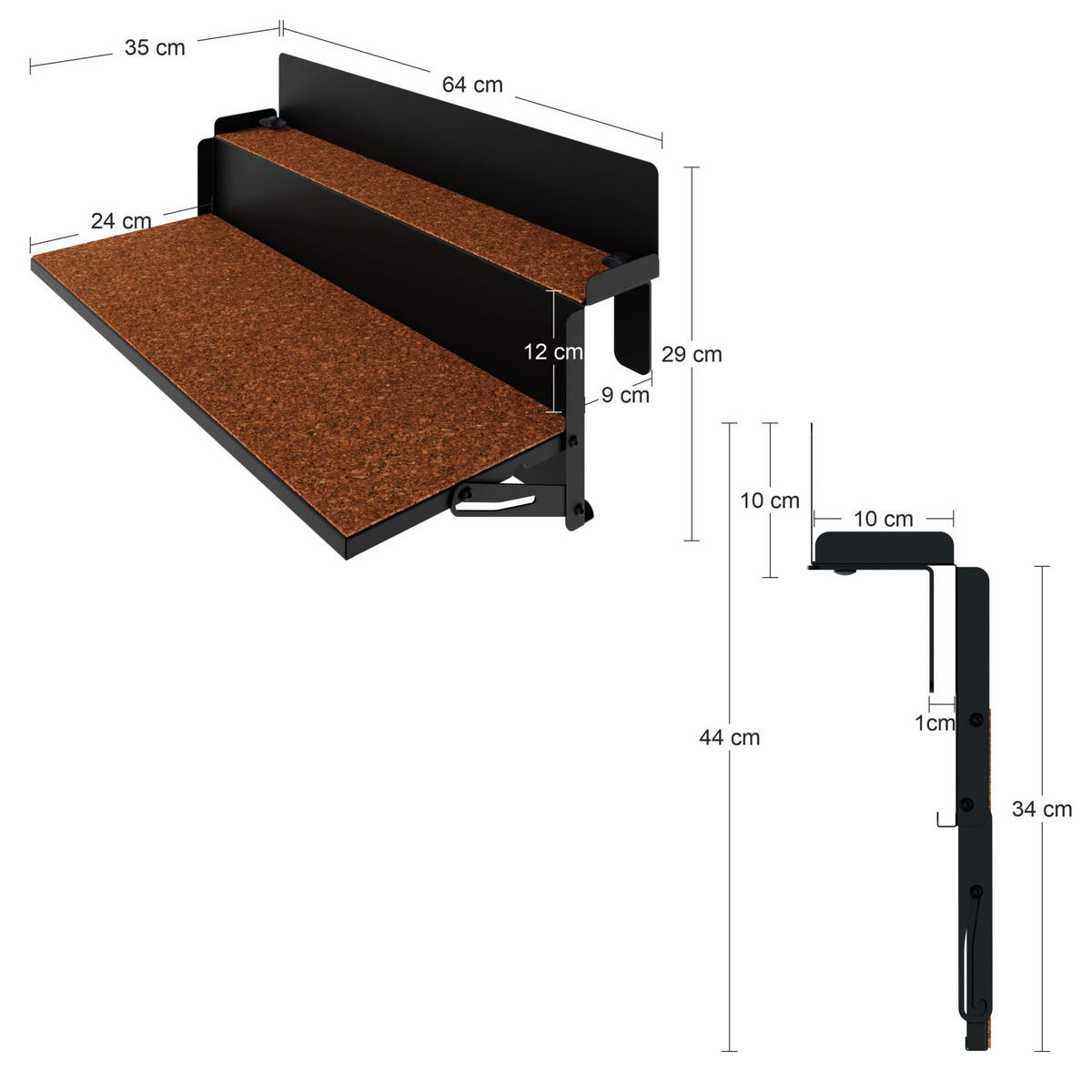BALKONTISCH – hängend – LEVIRA – Modell 64 – Metall – Schwarz – 64x35x29 cm - Schwarz, Metall (35/64/29cm) - Letti Moderni
