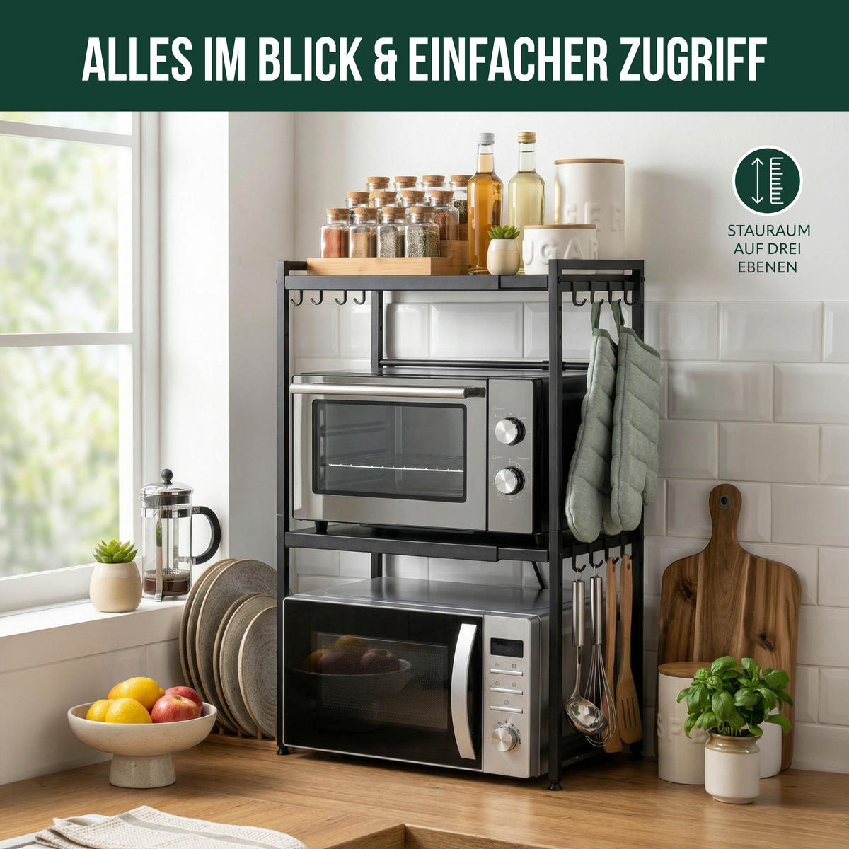 MIKROWELLENREGAL, schwarz, Metall - Schwarz, Metall (42.5/80.5/31.5cm) - eluno