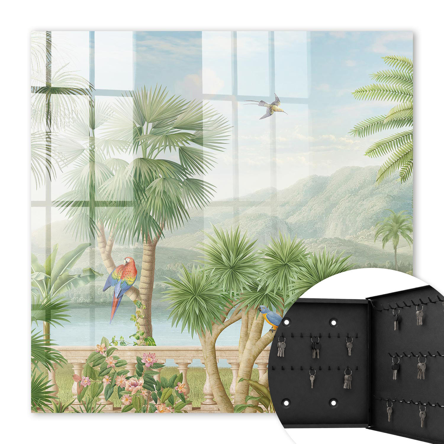 SCHLÜSSELBOX Schwarz 30x30 cm- Türöffnung nach rechts - Tropisches Paradies - Grün, Metall (30/30/5cm) - TULUP