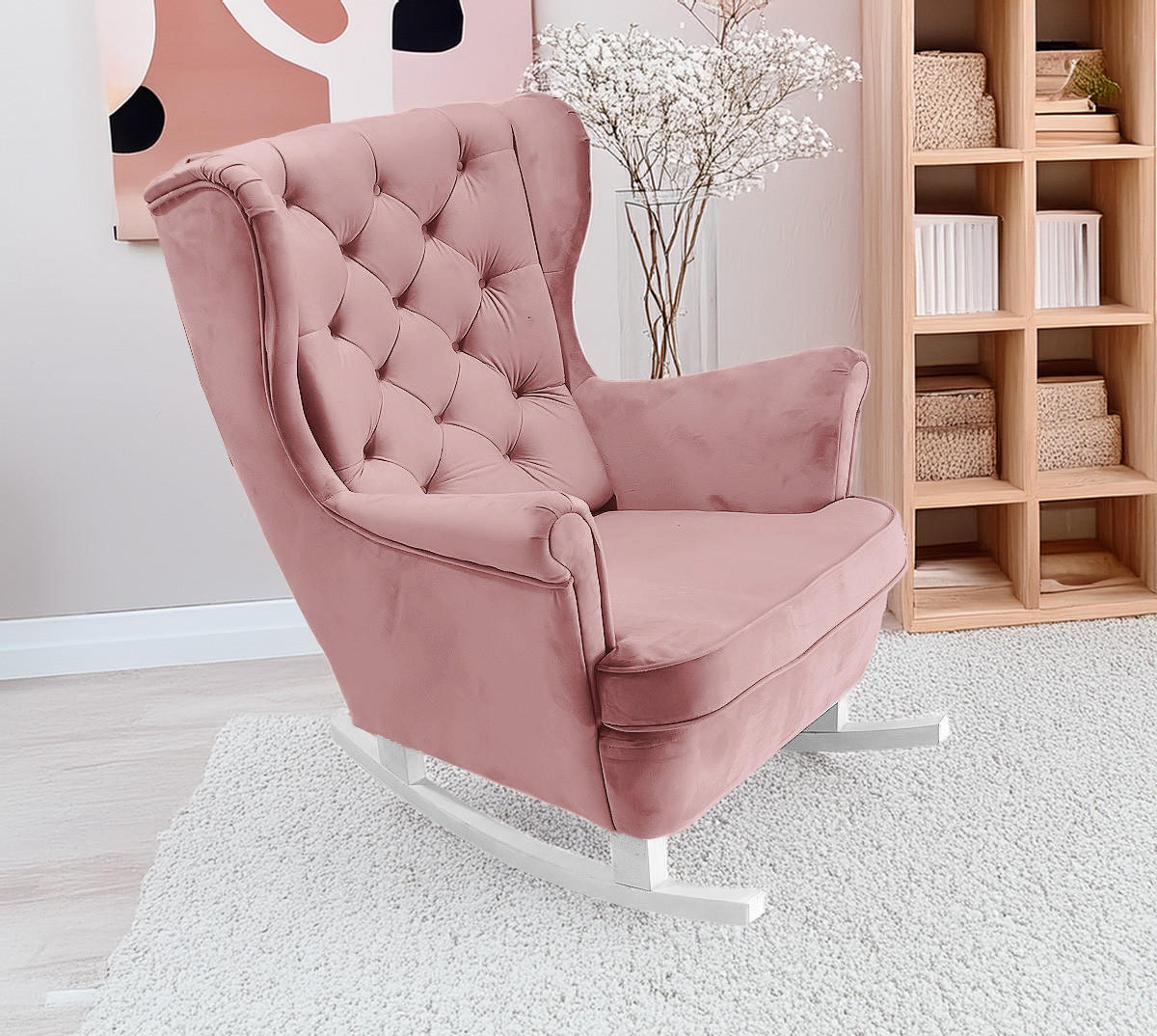 SCHAUKELSESSEL mit gepolstertem Sitz und Armlehnen, 102x81x95 cm, Pink_29838 - Altrosa/Weiß, Holz/Textil (81/102/95cm) - DomoHome