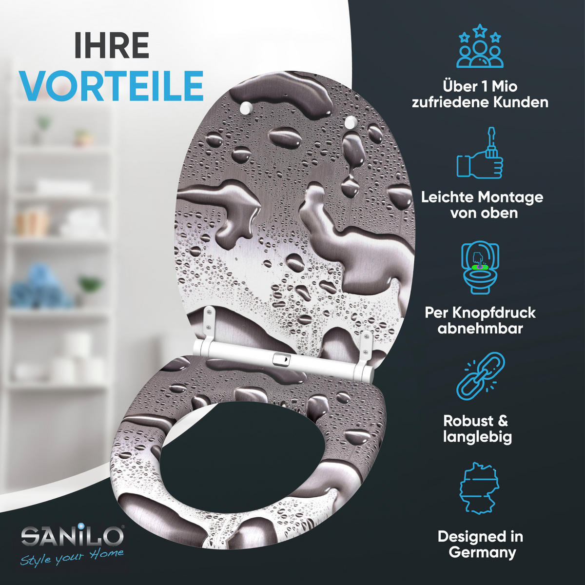 WC-SITZ mit Absenkautomatik & Top Fix Dewdrop - Grau, Holzwerkstoff (37.7/5.5/48cm) - Sanilo