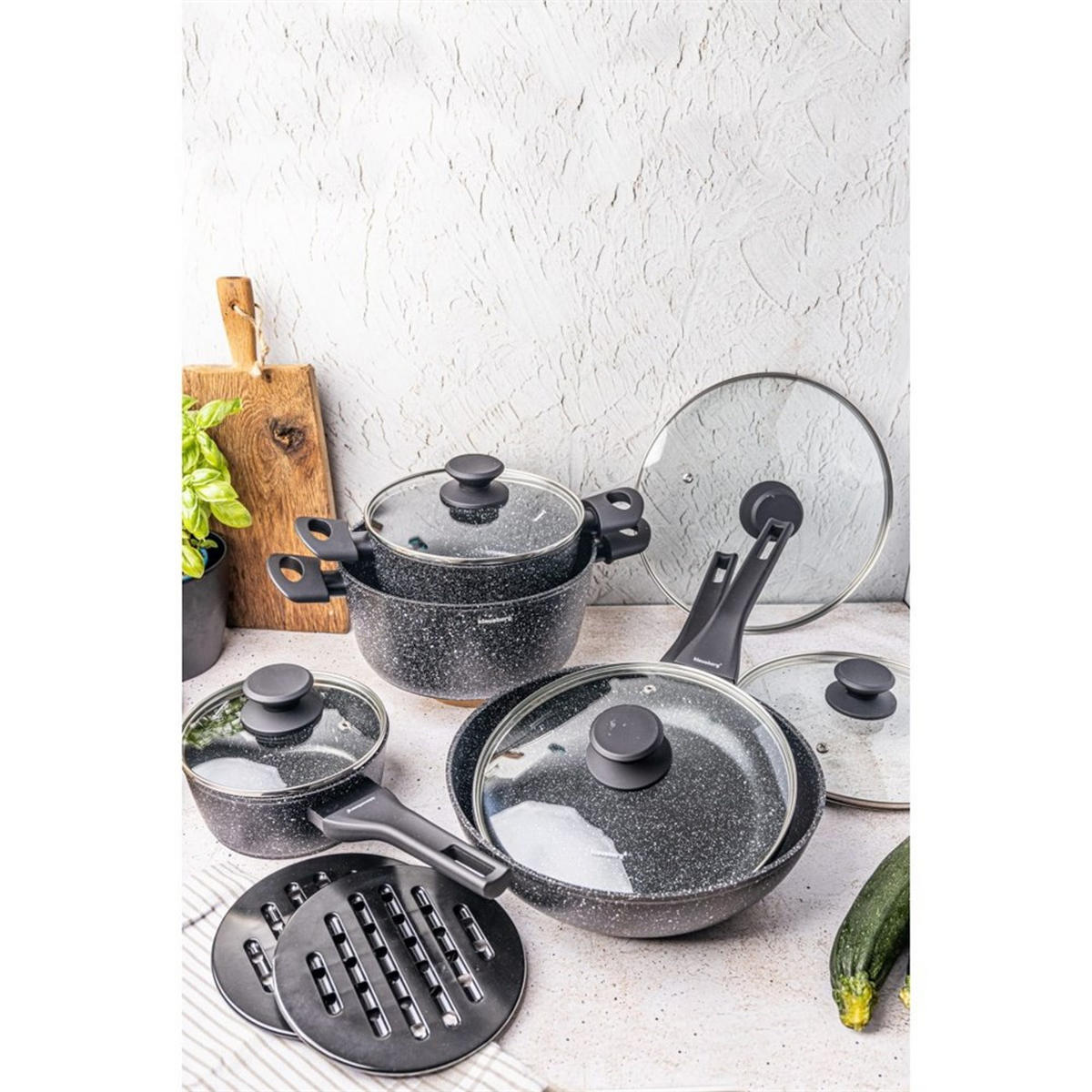 TOPFSET mit marmorierter Antihaftbeschichtung 12-teilig KB7657 - Schwarz, Metall - Klausberg 