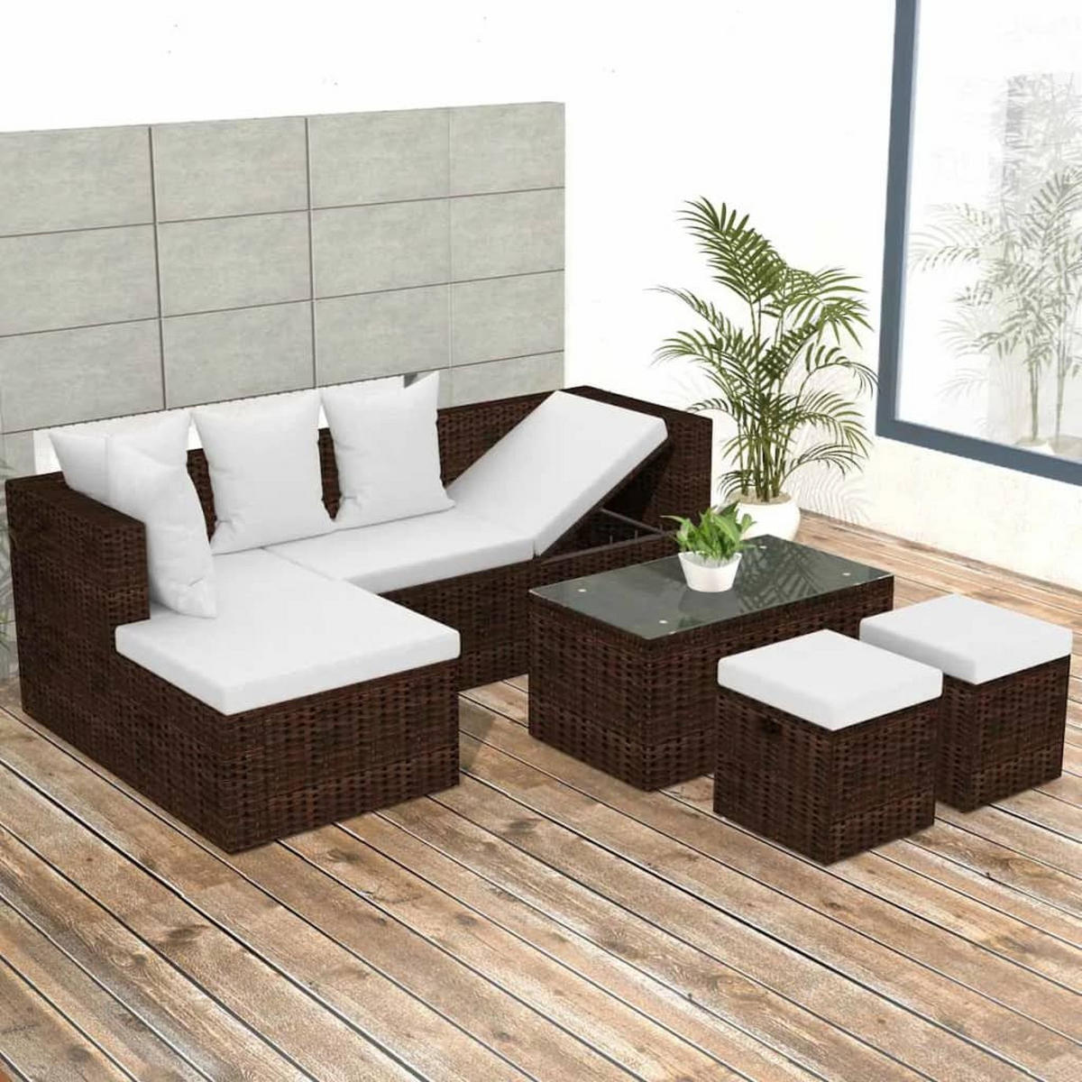 LOUNGEGARNITUR mit Auflagen und Couchtisch, aus Poly Rattan, Braun, 4-teiliges Set - Creme/Braun, Kunststoff/Textil - vidaXL