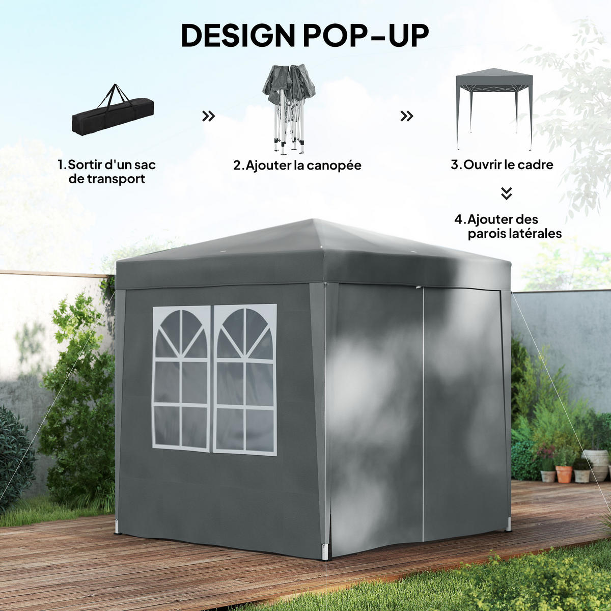 PAVILLON DE-13998 Pop-up 2/2 m, höhenverstellbar, UV-Schutz Grau - Grau, Metall (200/240/200cm) - ComfortXL