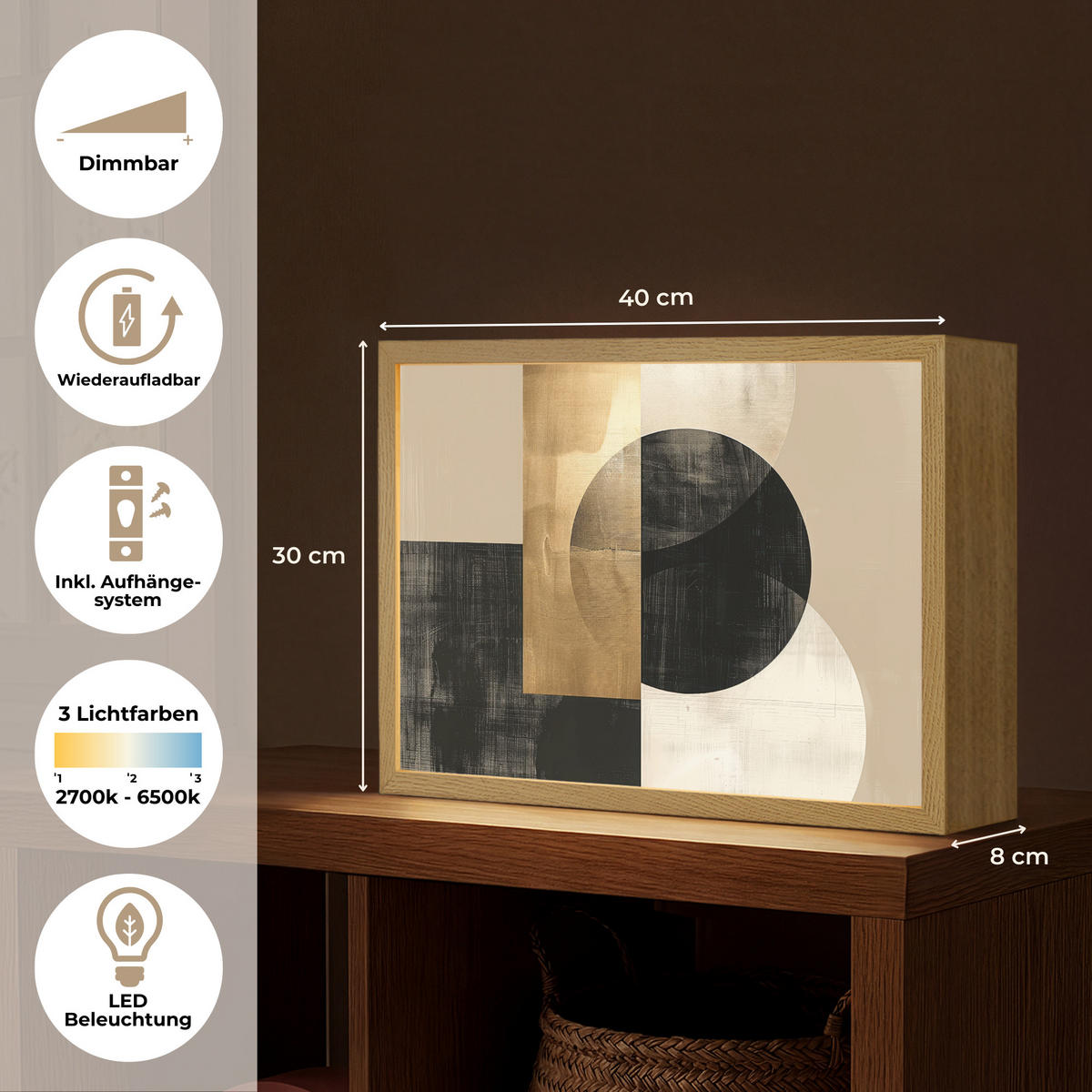 WANDLEUCHTE MIT AKKU Abstrakt - Modern - Schwarz - Gold 40x30 cm - Sandfarben, Holzwerkstoff (40/30/8cm) - OnlyWow