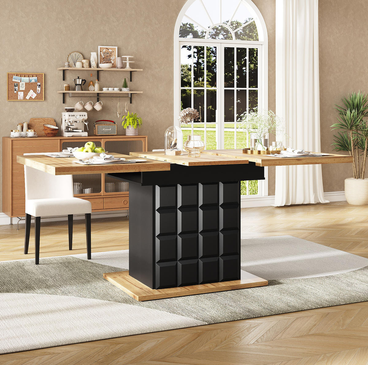 AUSZIEHBARER Esstisch, MDF mit Stauraum & Regalen, 110-140/80/75 cm, Schwarz/Natur - Schwarz, Holzwerkstoff (110/80/75cm) - Redom