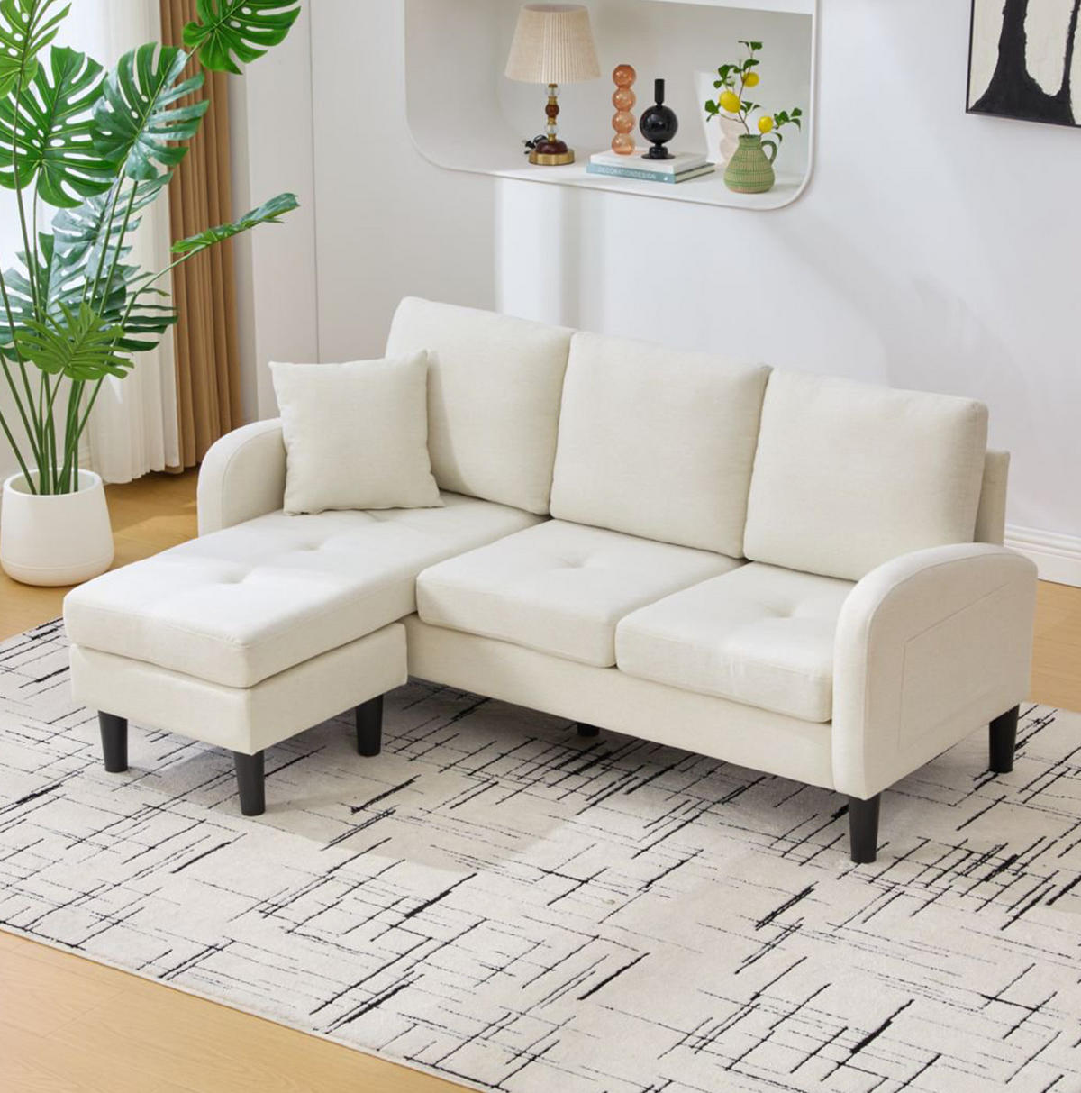 ECKSOFA Baumwoll-Leinenbezug mit modularer Chaiselongue Hellbeige 166/118/77 cm - Beige/Weiß, Textil (166/118cm) - Redom