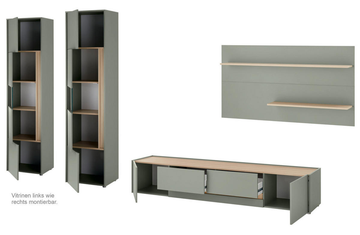 WOHNWAND Salbei grün, Eiche Barista Set 4-teilig, Wohnkombination mit XL-TV-Schrank 400 cm - Salbeigrün/Eichefarben, Glas/Holzwerkstoff (400/197/45cm) - Furn.Design