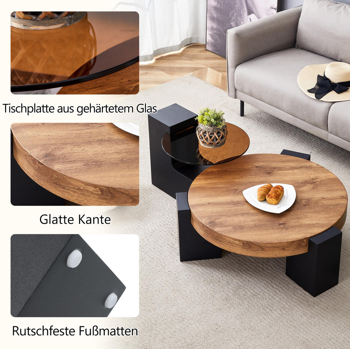 COUCHTISCH-SET rund 61/61/30 cm Schwarz Holzoptik mit Glasplatte und Ablage - Schwarz, Holzwerkstoff (61/61/30cm) - OKWISH