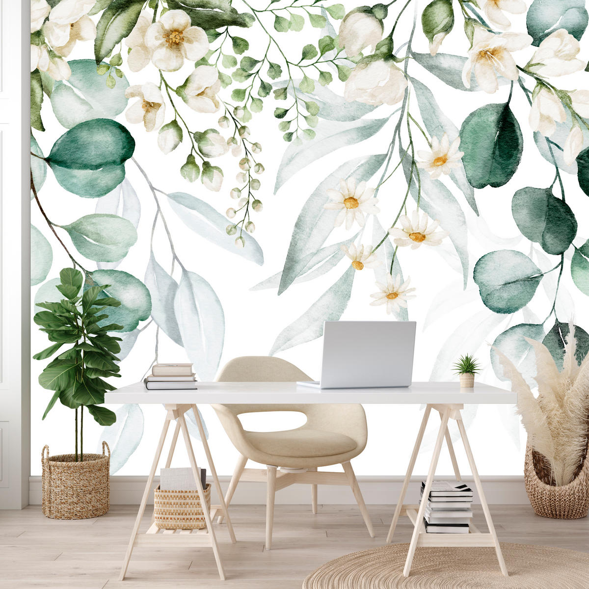 FOTOTAPETE für Schlafzimmer Aquarell Blätter Blumen Weiß 500x350 - Gelb/Weiß, Papier (500/350cm) - Muralo