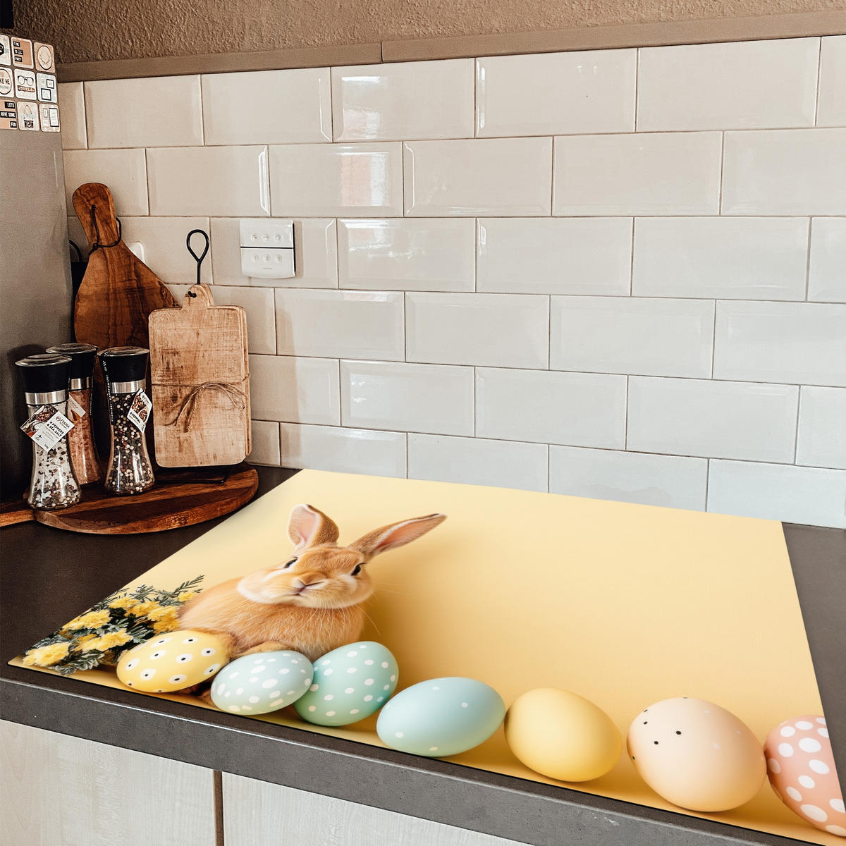 HERDABDECKPLATTE Eier - Kaninchen - Pastellfarbtöne Induktionsmatte 77x59 cm - Hellgelb, Kunststoff (77/59/0.2cm) - MuchoWow