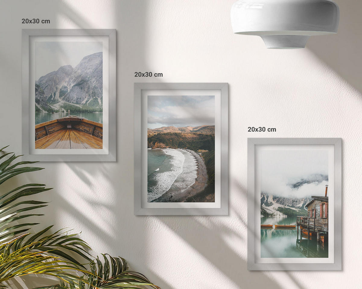 BILDER SET 3er Set - 20x30 cm Silberner Rahmen - Berge, See, Boot, Strand, Landschaft - Silberfarben, Kunststoff (20/30cm) - TULUP