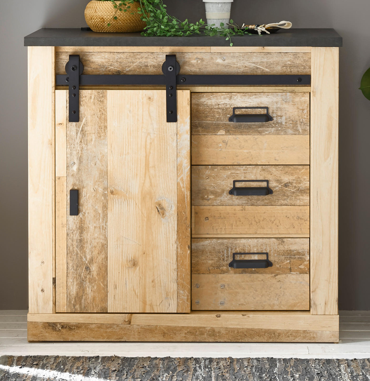 KOMMODE Used Wood hell, anthrazit, Sideboard mit Soft-Close - Anthrazit/Schwarz, Holzwerkstoff/Metall (93/91/43cm) - Furn.Design