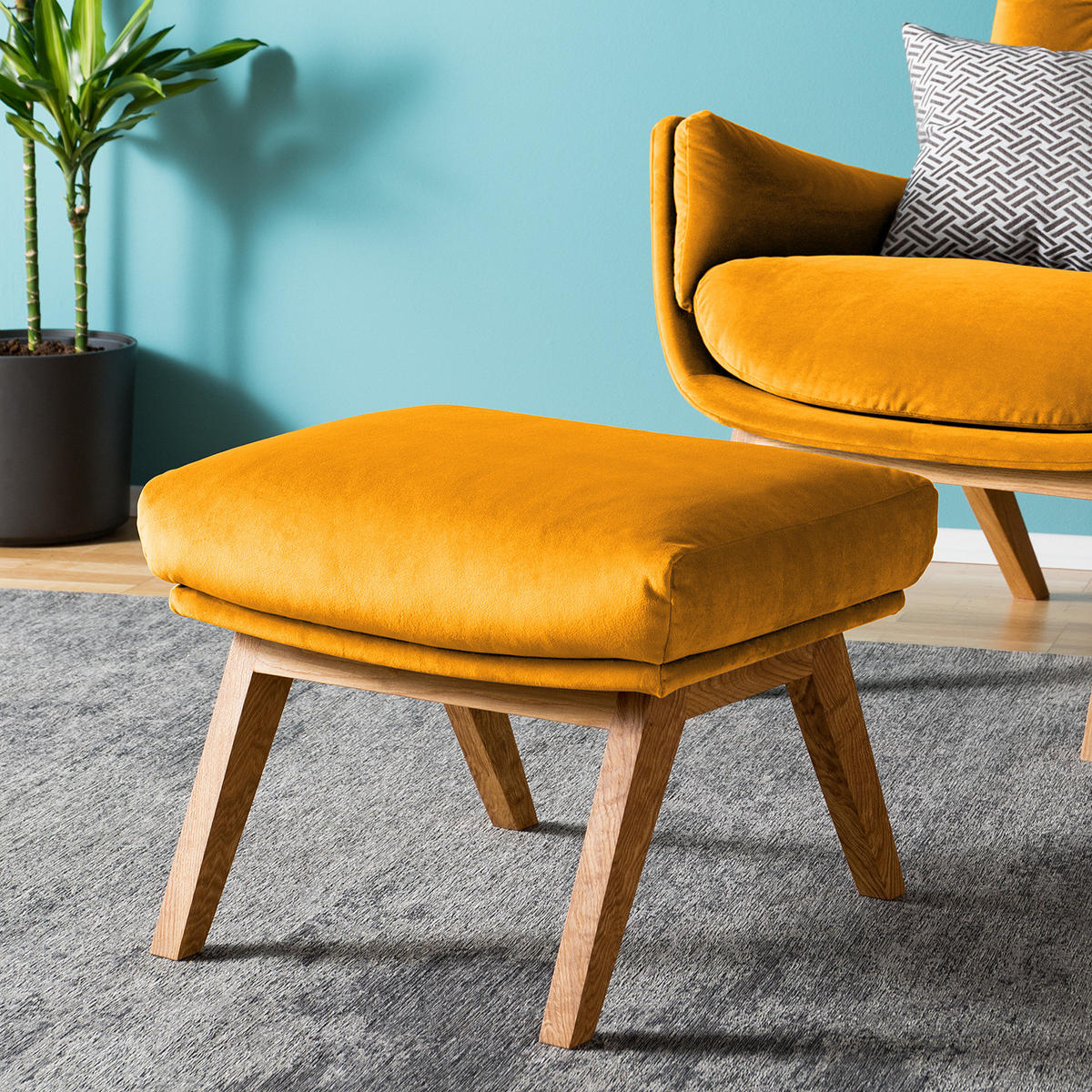 POLSTERHOCKER mit Holzfüßen - Eichefarben/Gelb, Eichenholz/Textil (51/37/41cm) - home24