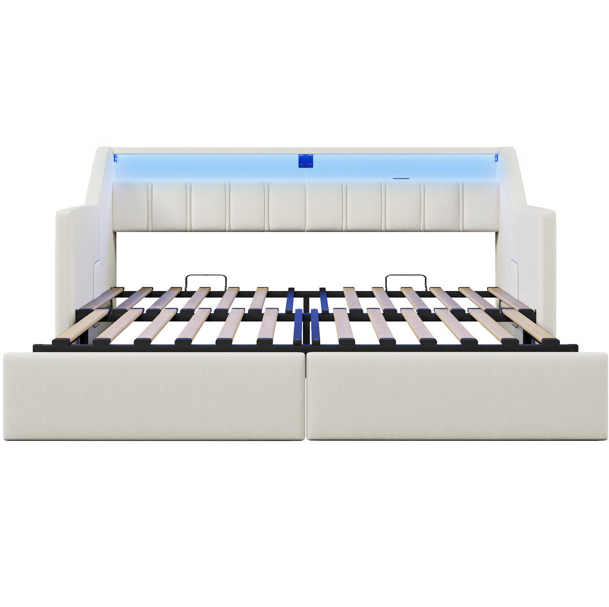 DENNÍ postel 90/200 cm béžová z lnu s USB, USB-C, LED a výsuvným lůžkem - béžová, textil (90/200cm) - OKWISH