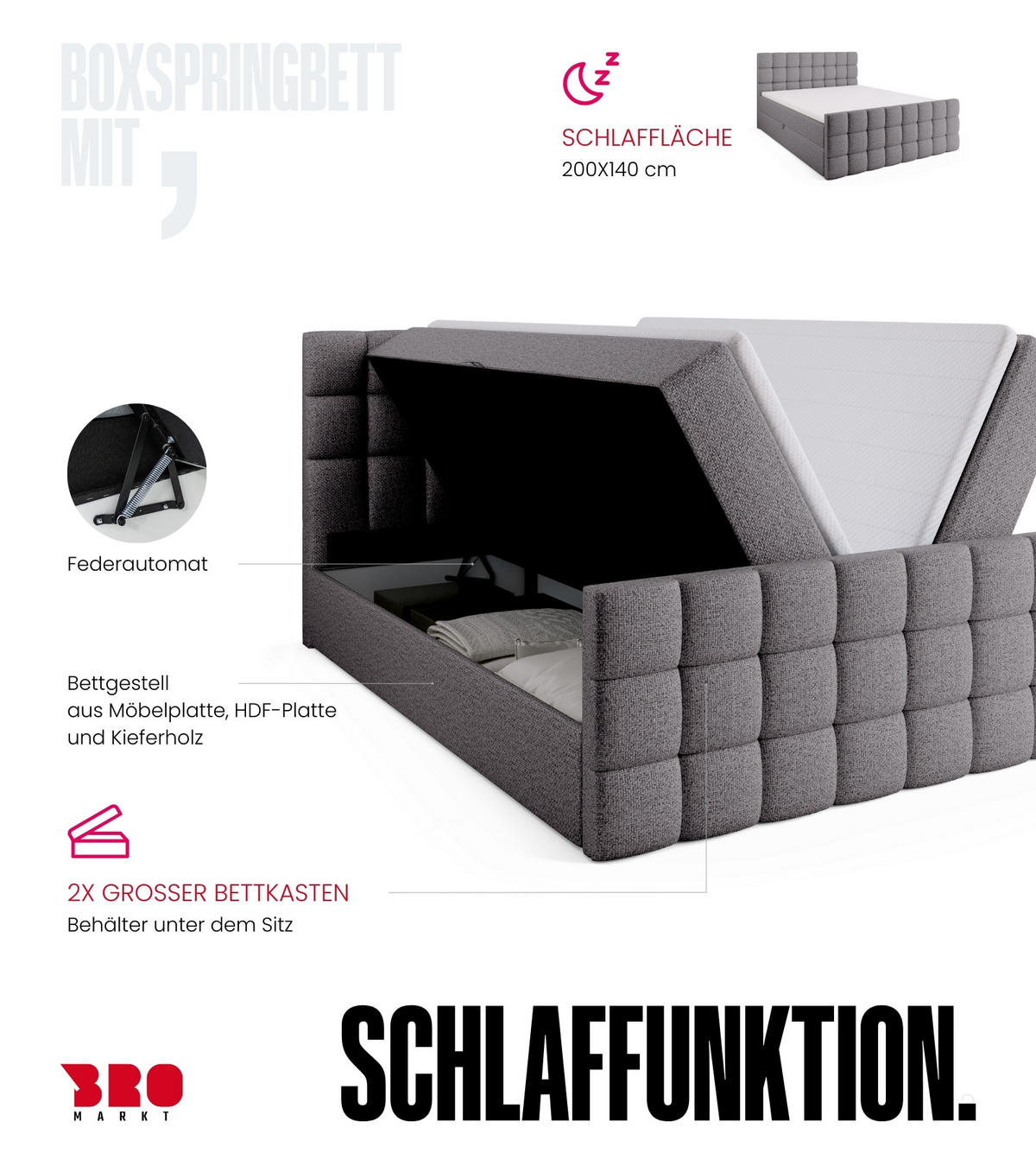 BOXBETT Dakota Duo mit Topper 140/200 Grau - Hellgrau, Holz/Textil (140/200cm) - Bromarkt