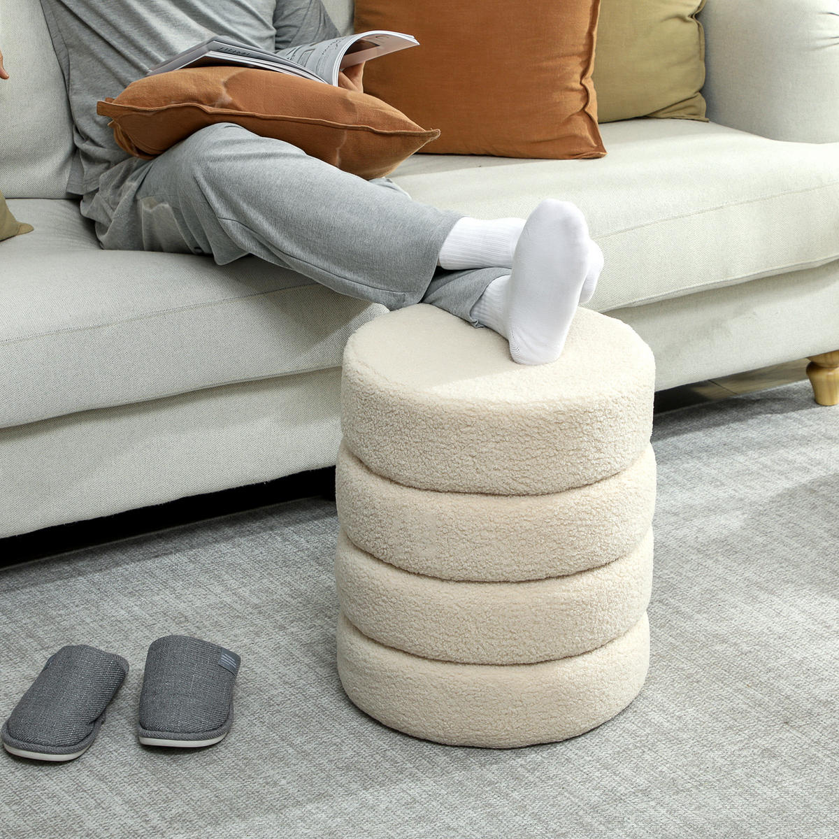 SITZHOCKER, Fußhocker, Runder Polsterhocker, Fußstütze mit Sitzkissen - Beige/Naturfarben, Holz/Textil (40/45/40cm) - HOMCOM