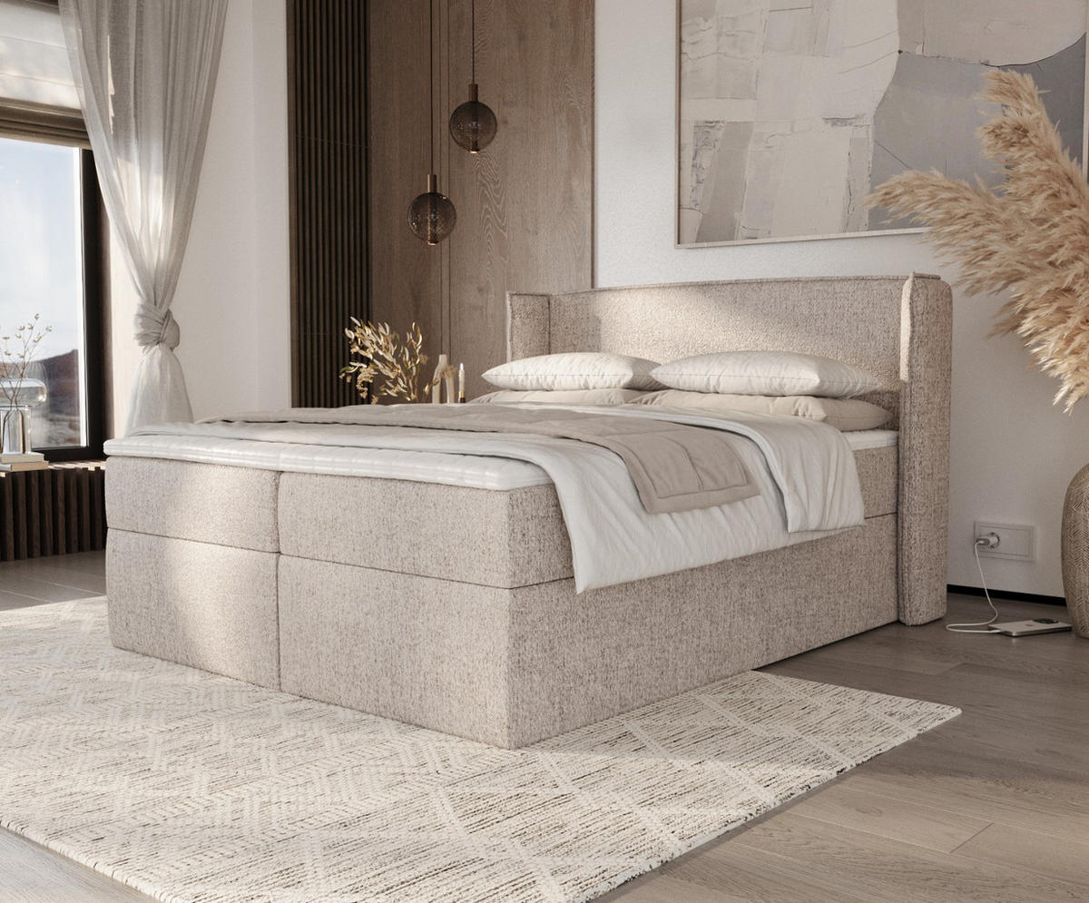 BOXBETT Viva 200/200 cm Beige im Neve Stoff - Beige/Schwarz, Holz/Holzwerkstoff (200/200cm) - AltaBeds