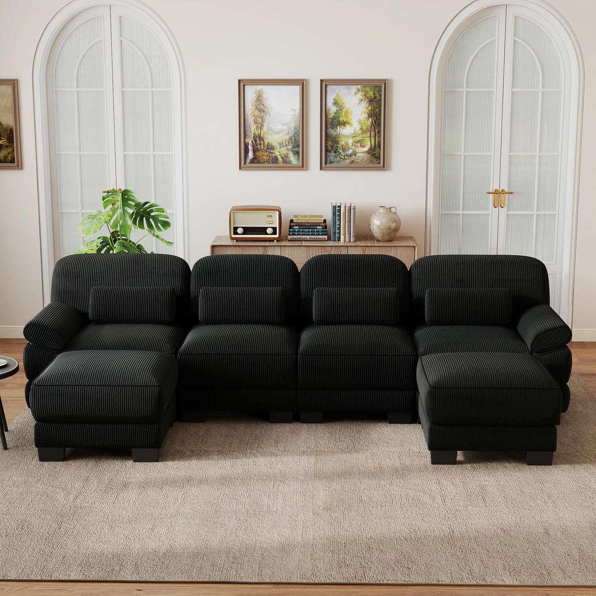 WOHNLANDSCHAFT 4-Sitzer U-Form mit 2 Hockern, DE-42659, Schwarz - Schwarz, Holz (336/94/161cm) - ComfortXL