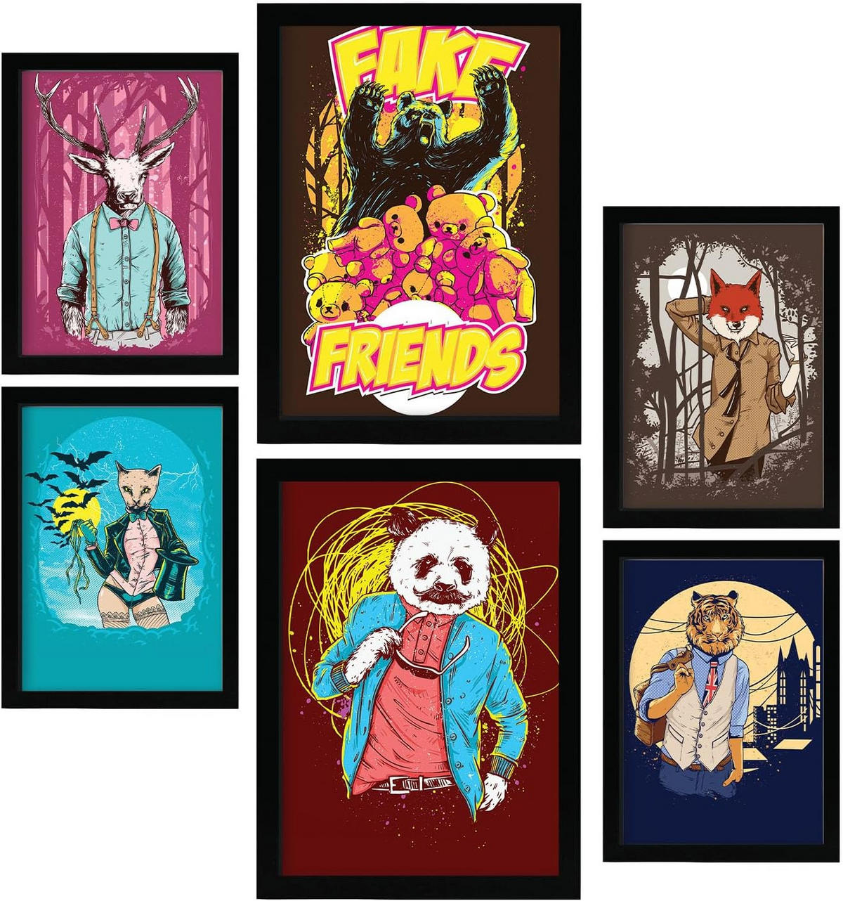 POSTER Set Mit 6 Tiermaskottchen In Rustikale Zitate A3 & A4 Schwarzer Rahmen - Schwarz, Papier (29/3cm) - Nacnic