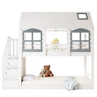 ETAGENBETT mit Dach und Fenstern, Weiß+Grau, 90/200 cm, Stauraumtreppe - Weiß, Holz (90/200cm) - MIVRAY