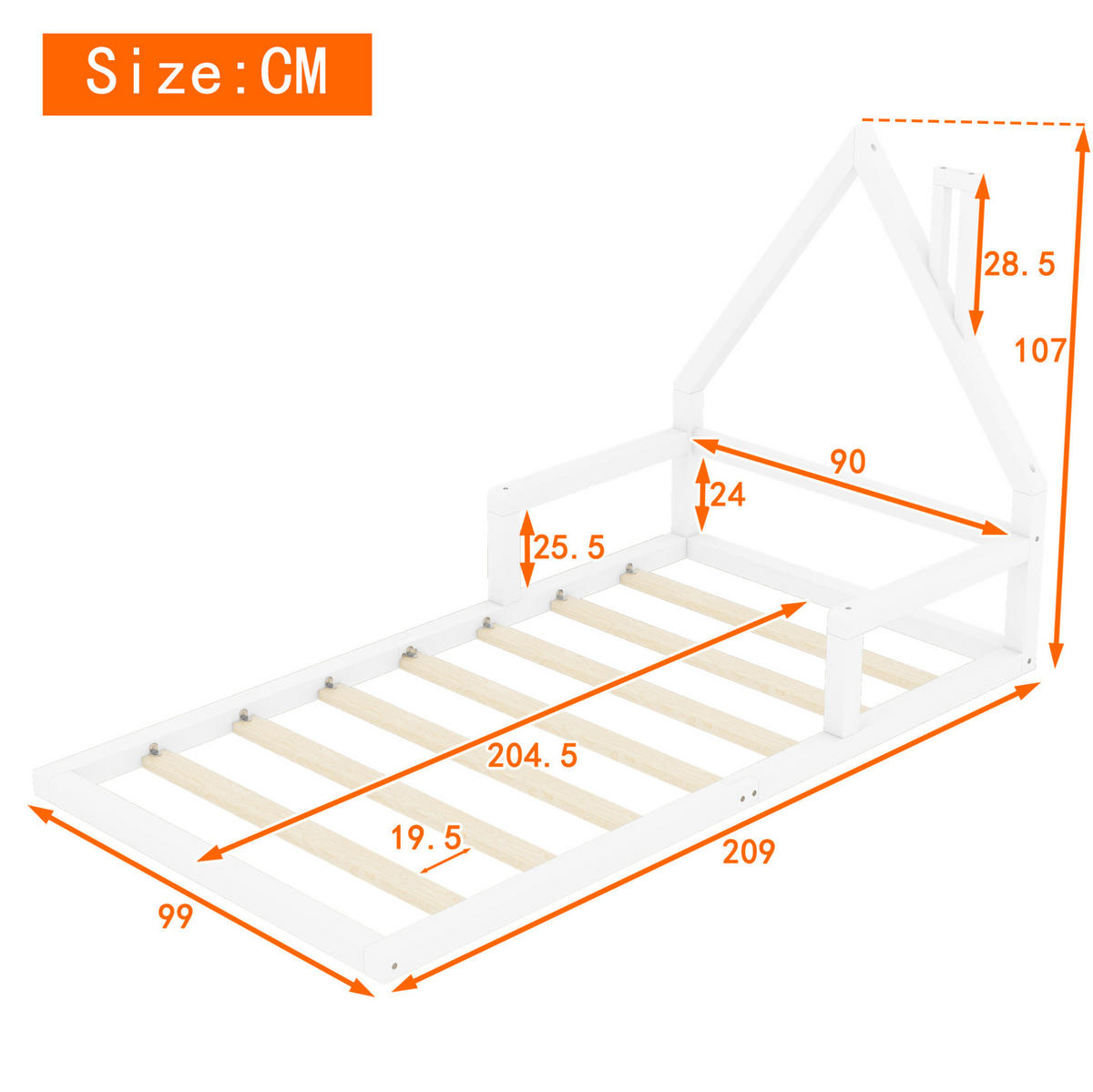 KINDERBETT Kindereinzelbetten 90/200 cm in Hausform aus massivem Kiefer und MDF, Weiß - Weiß, Holzwerkstoff (90/200cm) - Redom