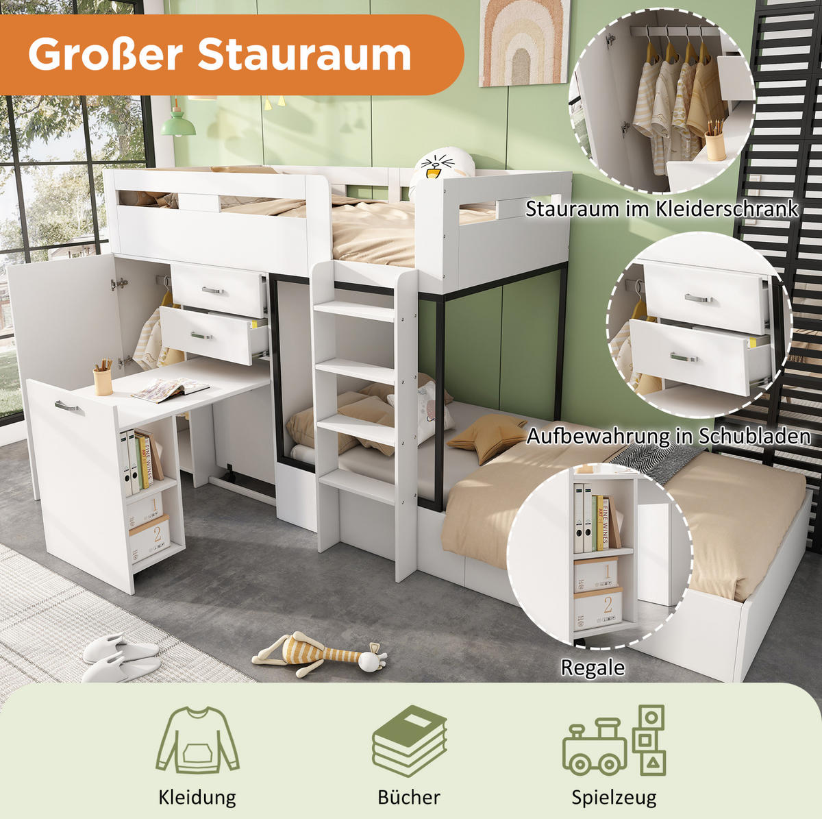 ETAGENBETT 90/200 cm mit ausziehbarem Schreibtisch, Garderobe, Schubladen und Regalen aus MDF, Weiß, Schwarz - Weiß, Holzwerkstoff (90/200cm) - Redom