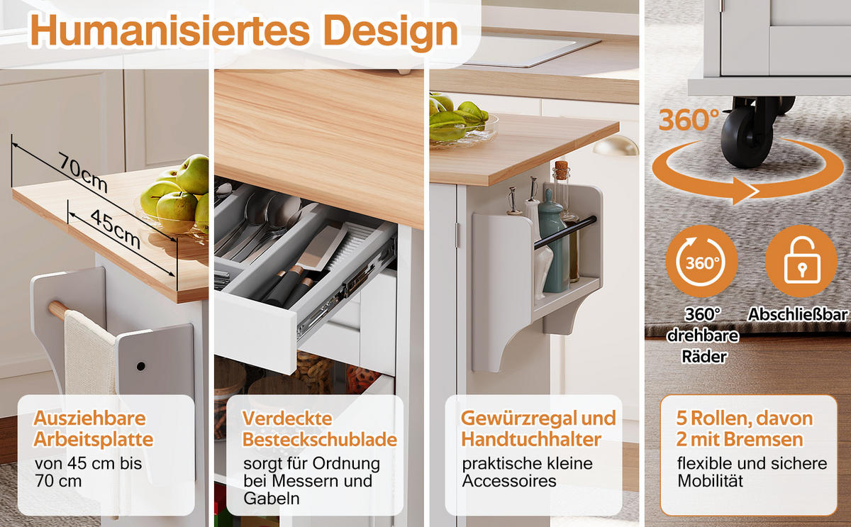 KÜCHENINSEL Mobile , AUSZIEHBARE ARBEITSPLATTE, Küchenwagen auf Rollen, Holzoptik, 136/70/92 cm - Weiß, Kunststoff (70/92/136cm) - Rolipo