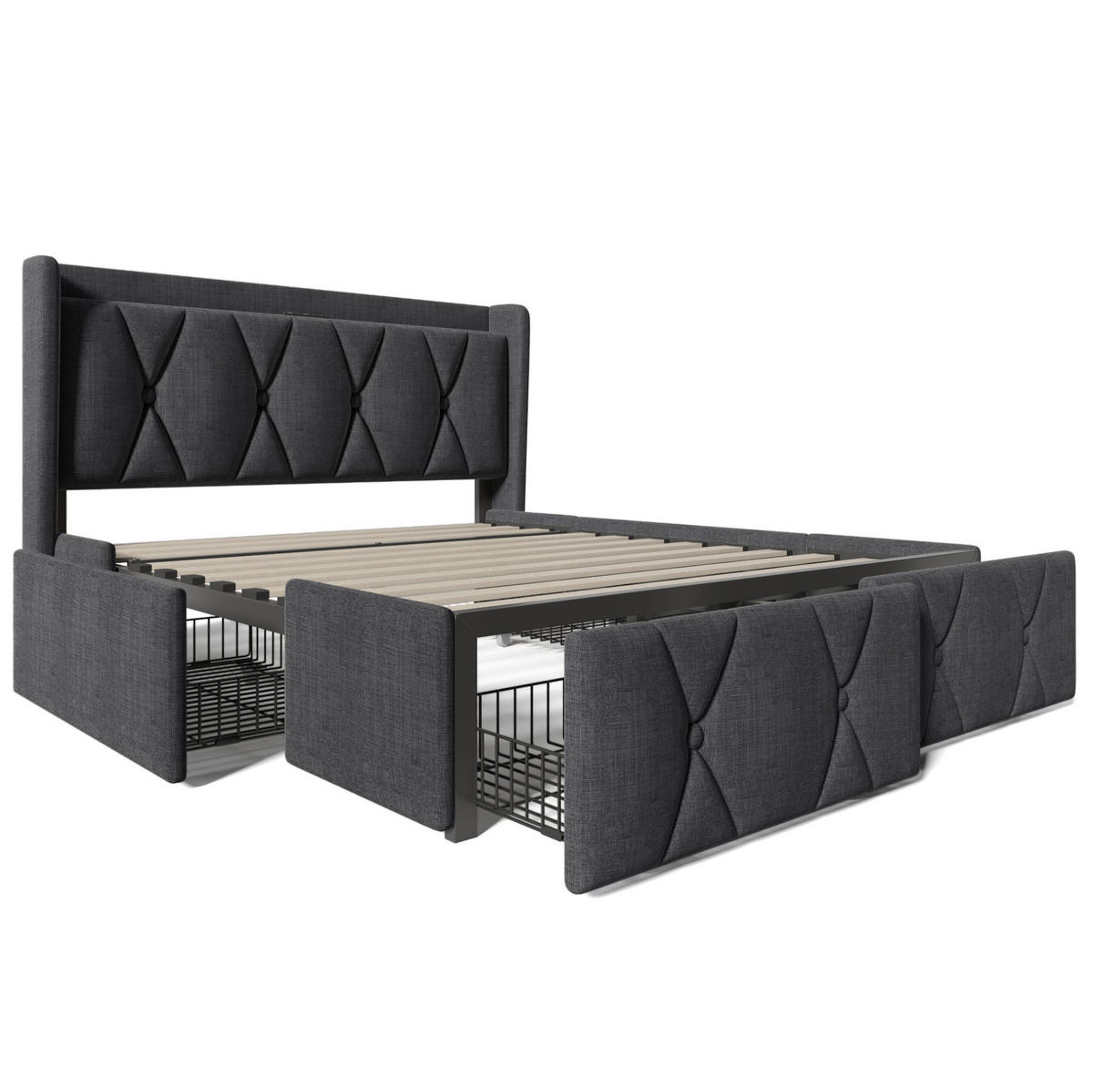 POLSTERBETT 160/200 cm grau aus Leinen mit USB, Steckdosen und 4 Schubladen - Grau, Textil (160/200cm) - OKWISH