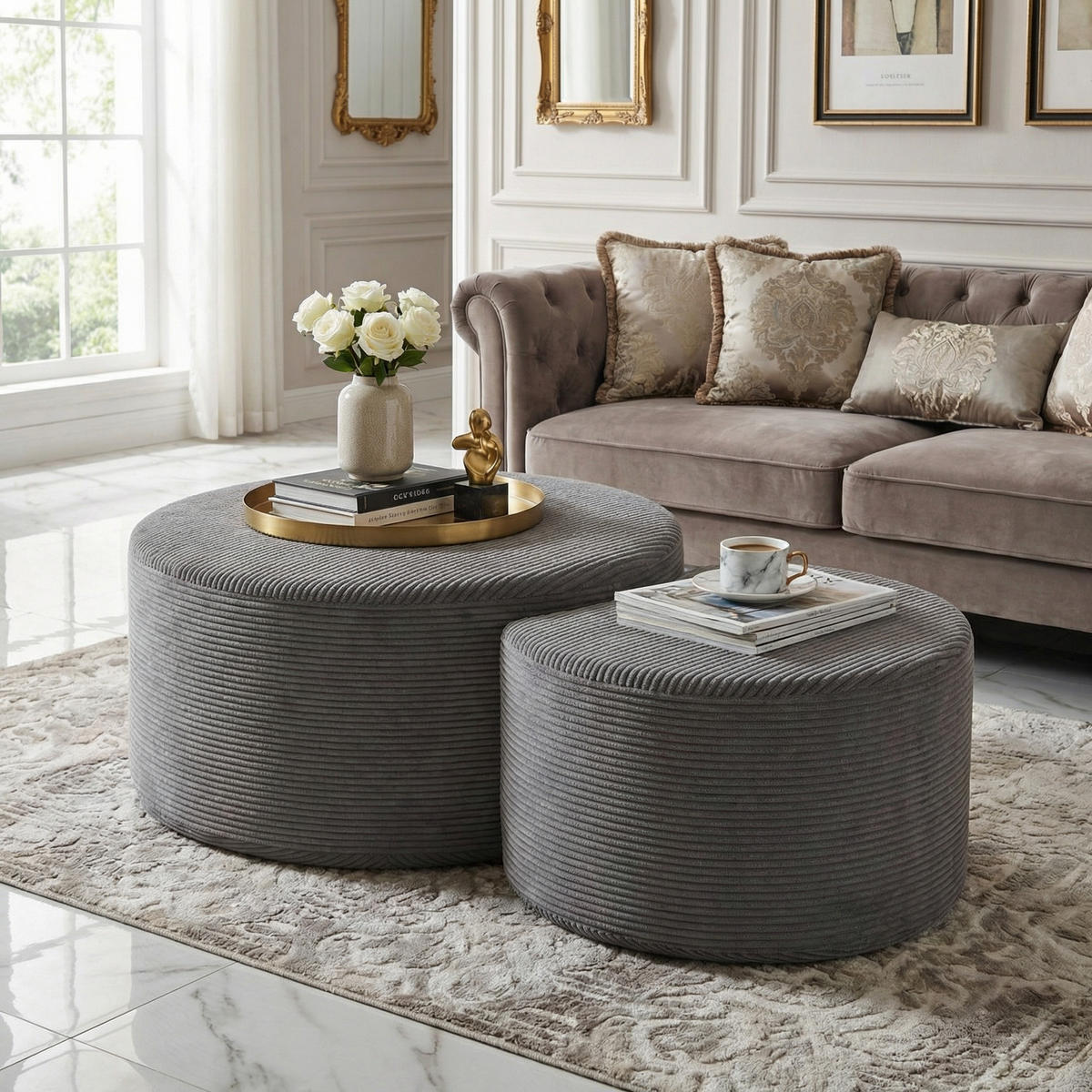 COUCHTISCH 2er Set Rund Gepolsterter Montagefrei - Grau, Textil (81/81/40cm) - Urban Meuble