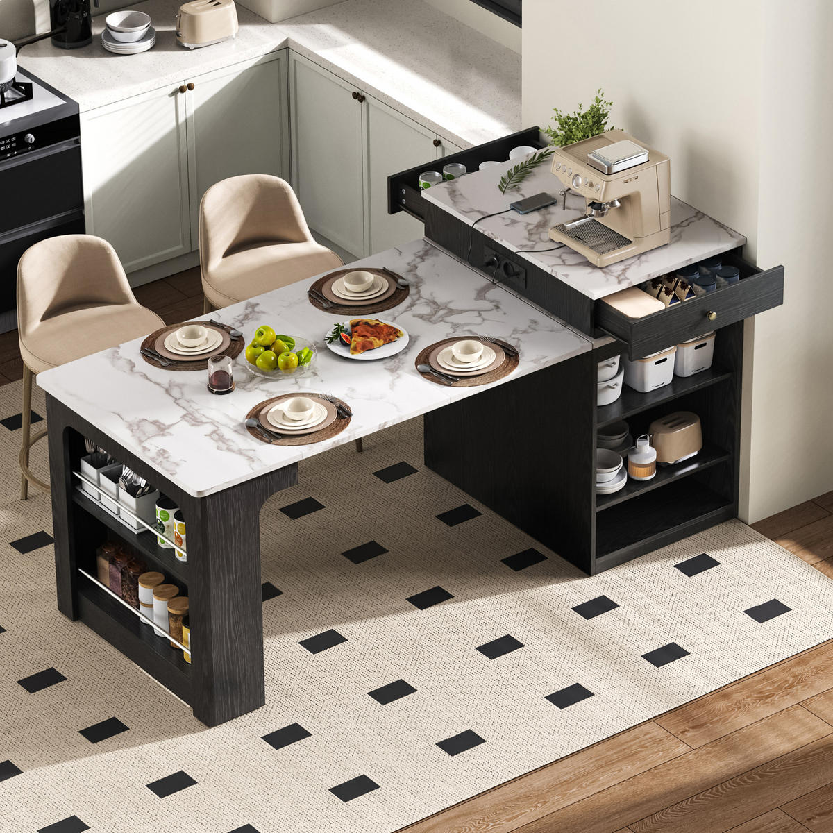 KÜCHENINSEL aus MDF 80x71-151x92 cm Schwarz mit Steckdosenleiste - Schwarz, Holzwerkstoff (151/92/80cm) - Modfu