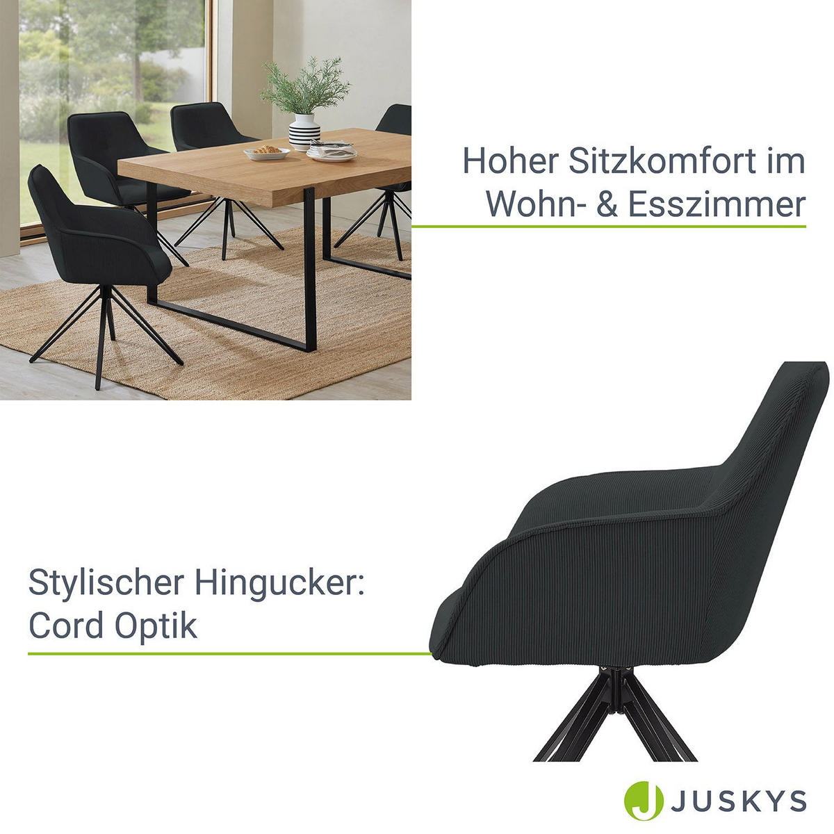 DREHSTUHL Clyde mit Armlehne cord dunkelgrau (2er-Set) - Dunkelgrau, Textil (57/85/61cm) - Juskys