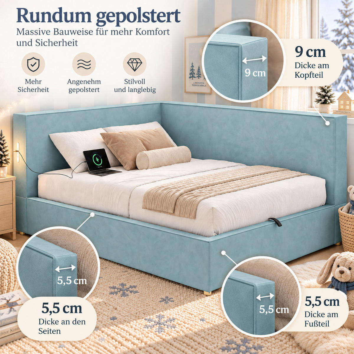DAYBETT 140x200 cm, Blau, Samt, LED, USB/Typ-C - Blau, Textil (140/200cm) - FLIEKS