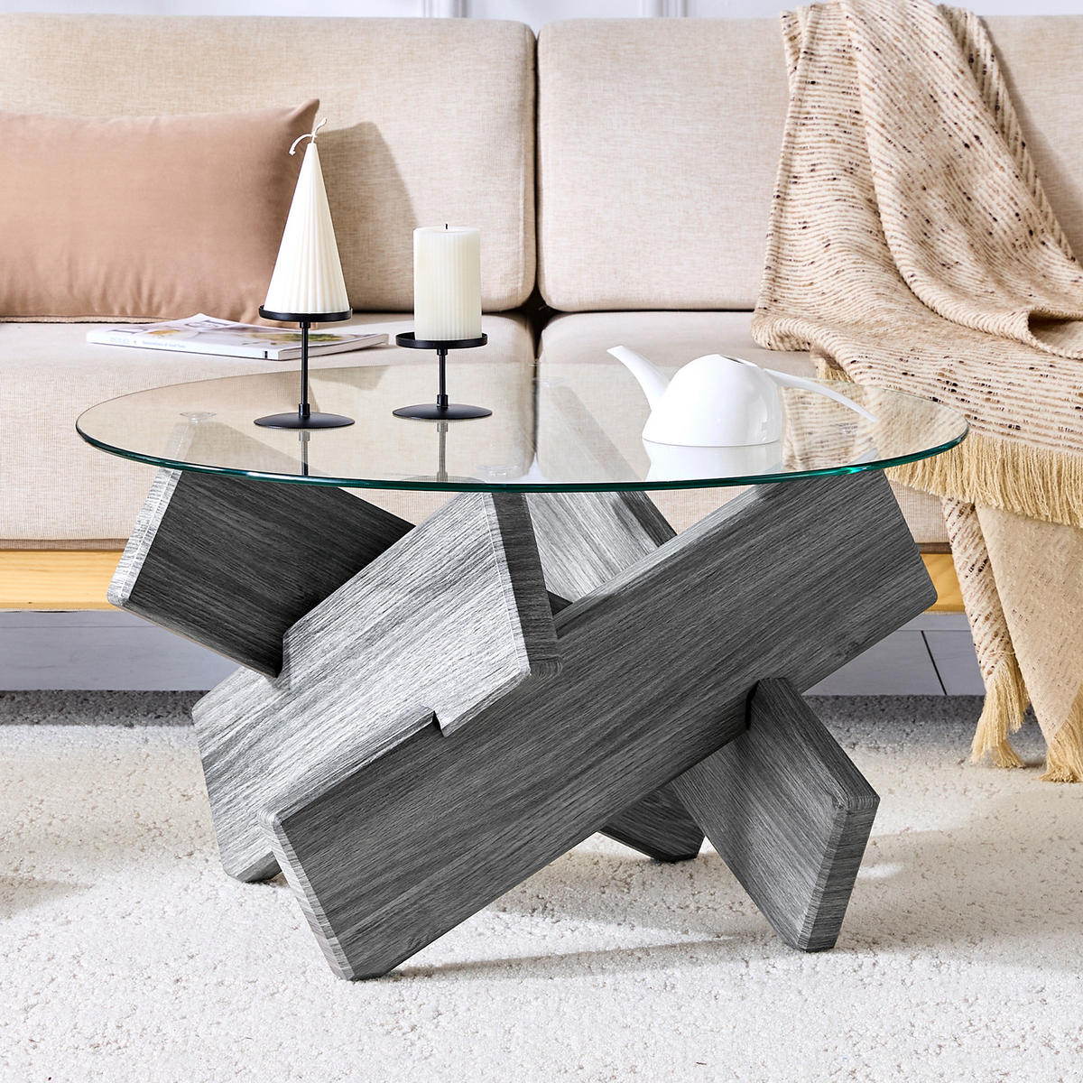 COUCHTISCH rund Ø 79 cm MDF Glas Grau Transparent - Transparent, Glas (79/79/45cm) - Meubliv