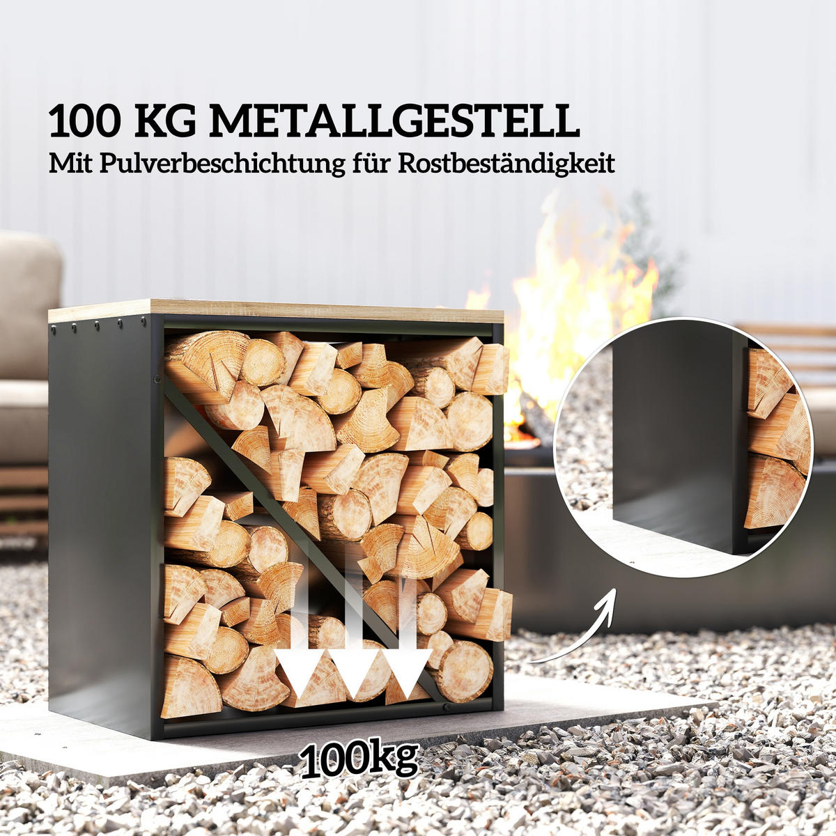 KAMINHOLZREGAL 2-in-1 für innen 58 x 36 x 60cm Brennholzregal Metall - Schwarz, Metall (36/60/58cm) - Outsunny