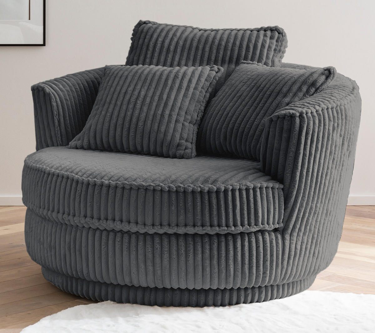 BIG-SESSEL Relaxsessel Mega Cord grau Ø 120 cm 360° drehbar, inklusive 3x Kissen - Grau, Holz/Textil (120/86/120cm) - Furn.Design