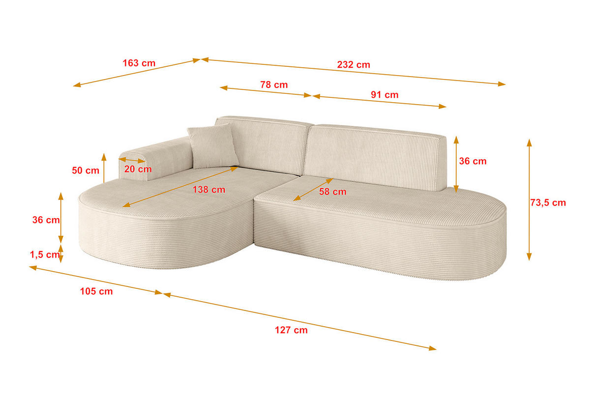 ECKSOFA Ottomane Links MARI-L1 - 232x163x73,5 cm Beige Cord - Beige/Schwarz, Holzwerkstoff/Kunststoff (163/234cm) - ALTDECOR