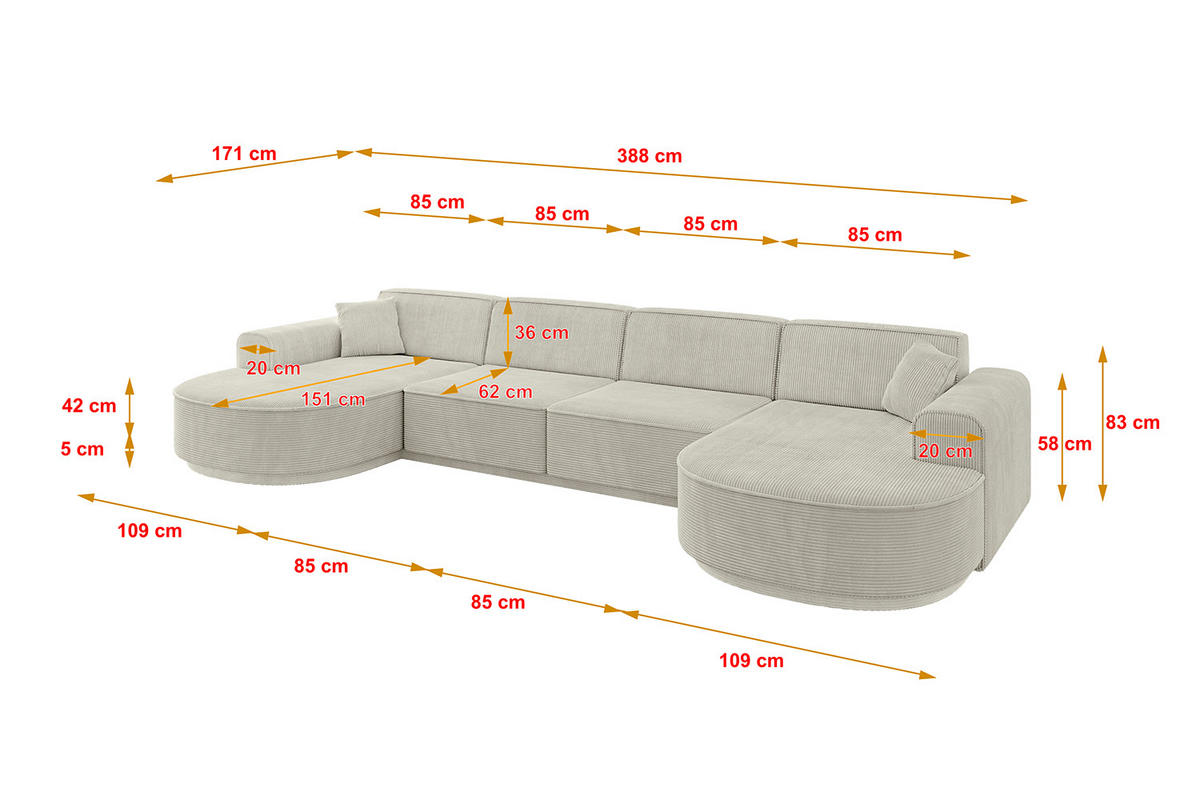 WOHNLANDSCHAFT MARI-U2-v3 - 388x171x83 cm Hellgrau Cord - Hellgrau/Schwarz, Holzwerkstoff/Kunststoff (388/83/171cm) - ALTDECOR