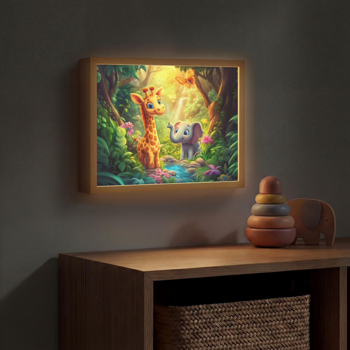 NACHTTISCHLAMPE MIT AKKU Giraffe - Elefant - Blumen - Dschungel 40x30 cm - Grün, Holzwerkstoff (8/40/30cm) - OnlyWow
