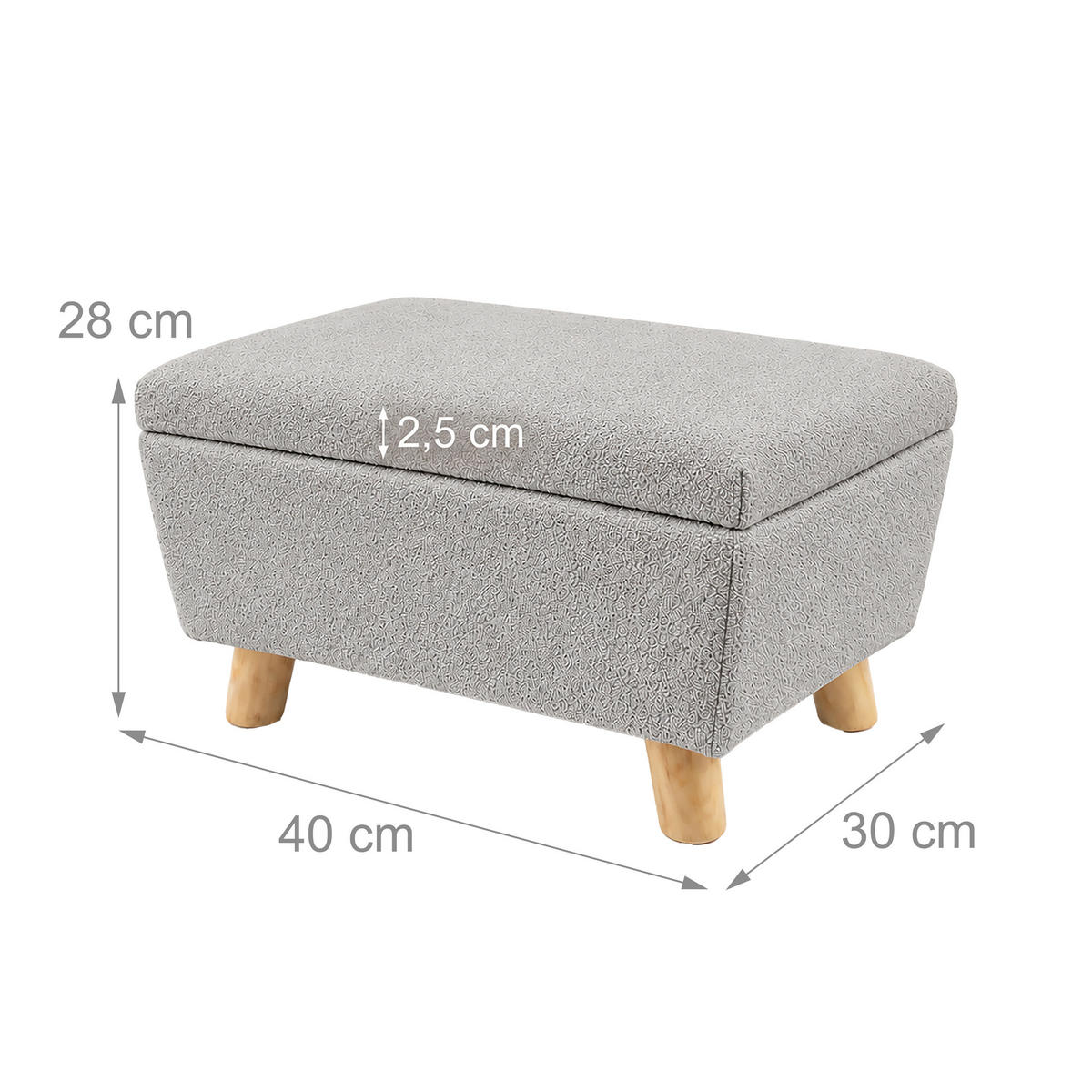 PODNOŽKA Světle šedá s úložným prostorem bouclé dřevěné nohy - šedá, dřevo/plast (40/28/30cm) - Relaxdays