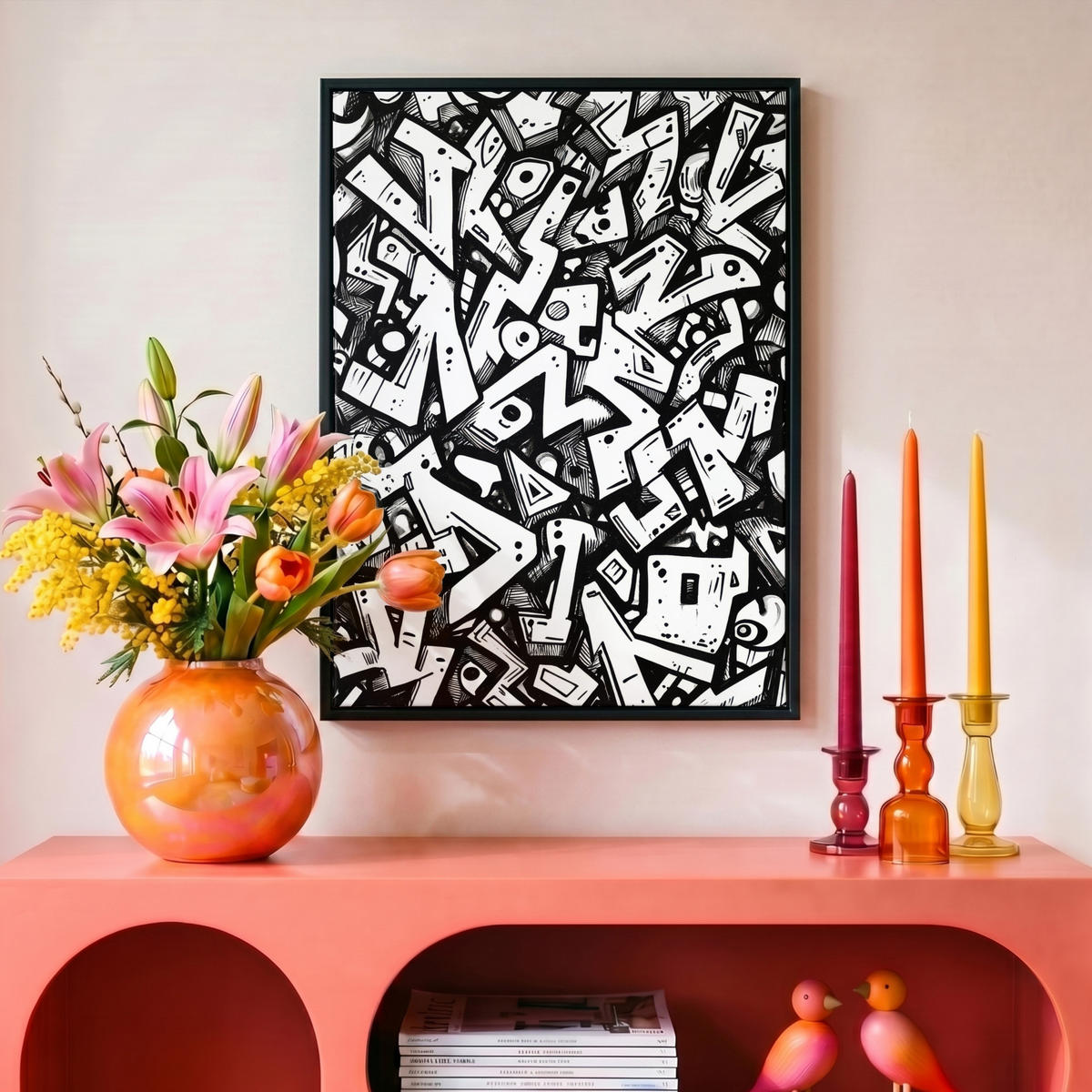 LEINWAND Bilder mit Rahmen - Formen - Buchstaben - Graffiti - Schwarz - 30x40 - Schwarz, Textil (30/40cm) - MuchoWow