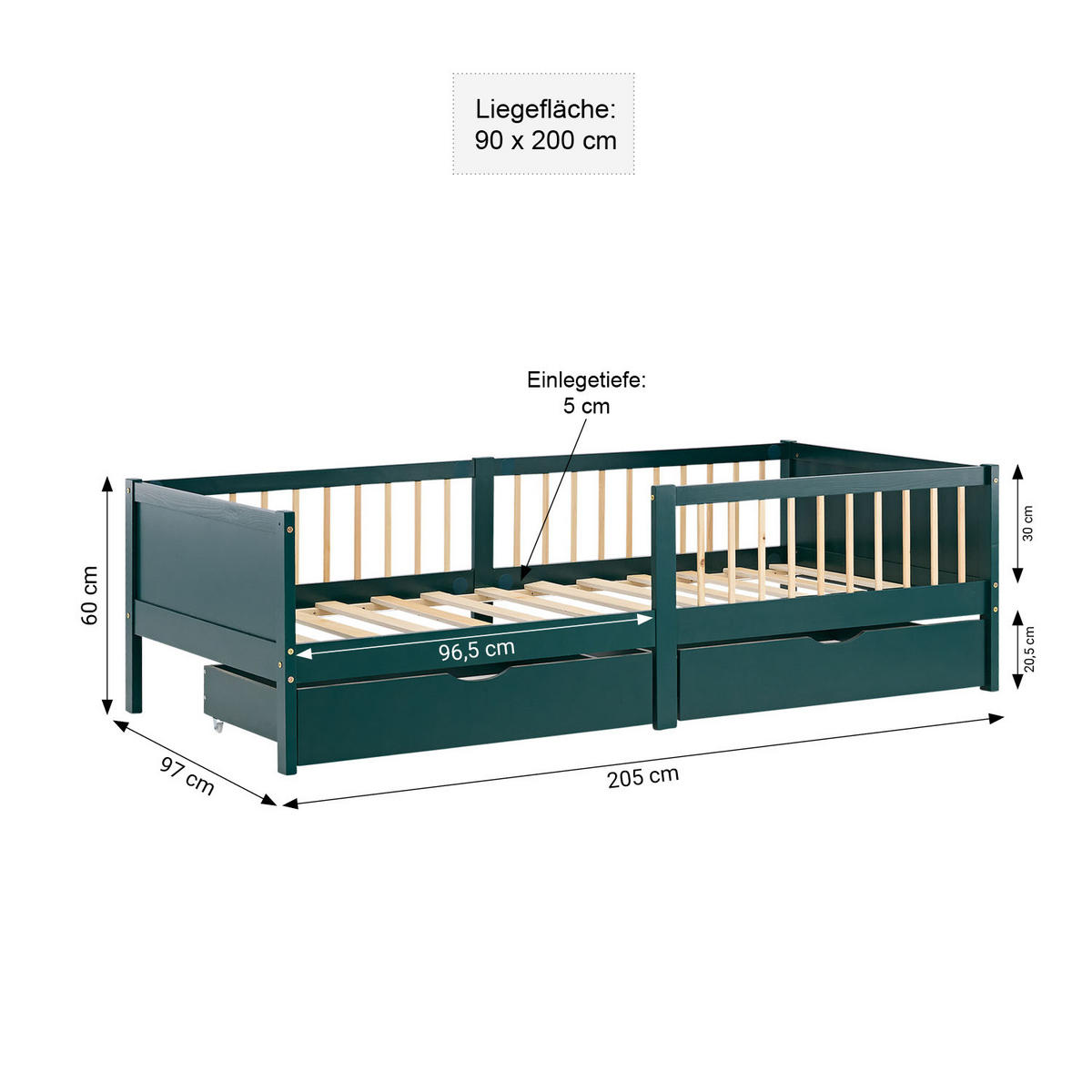 KINDERBETT Grün 90/200 Matratze 2 Bettkästen Rausfallschutz - Grün, Holz (90/200cm) - Homestyle4u