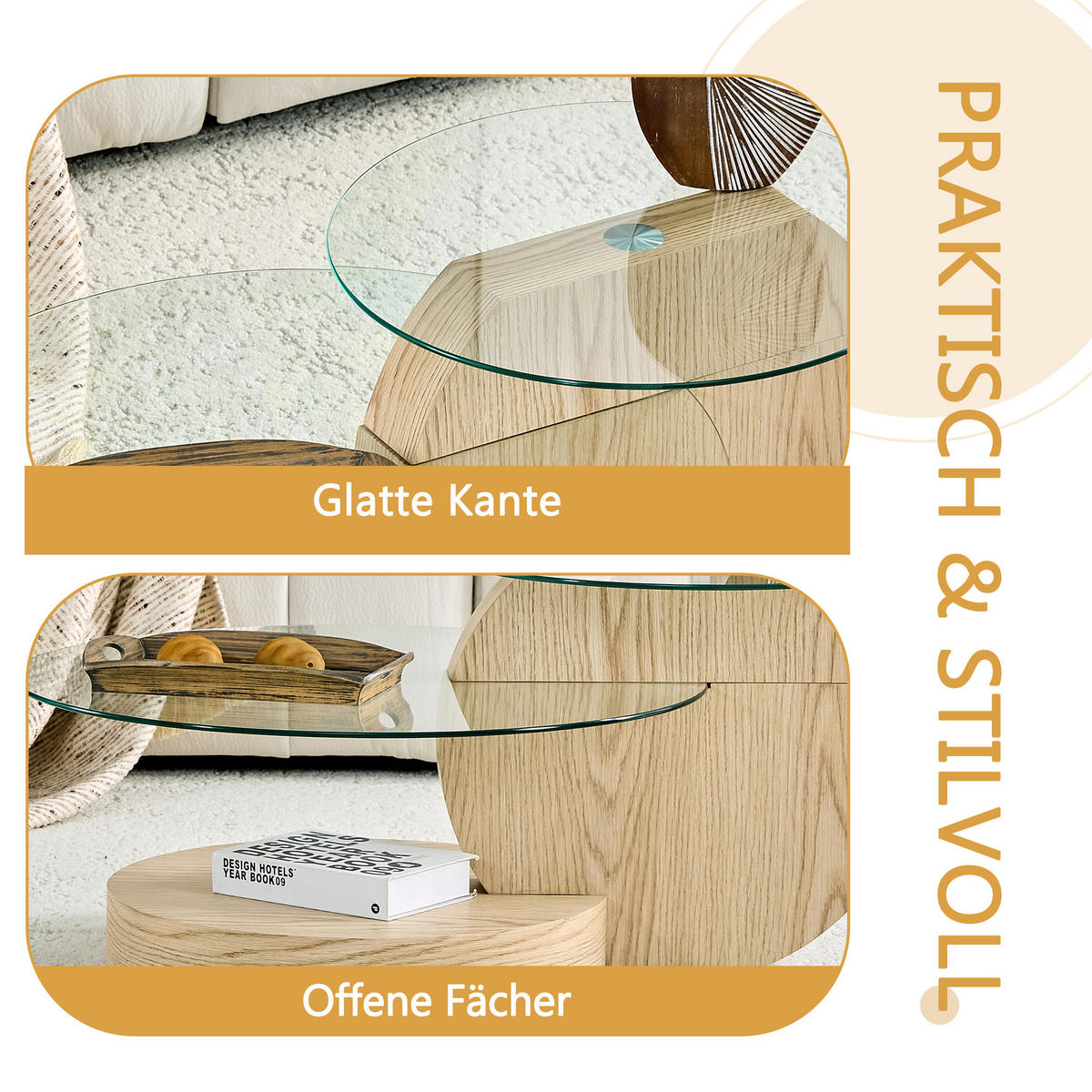 COUCHTISCH in Naturfarbe Wohnzimmertisch mit zwei Ebenen aus Sicherheitsglas für Wohnzimmer, B90/T70/H44 cm - Transparent/Naturfarben, Glas/Holzwerkstoff (90/90/44cm) - STILVORA