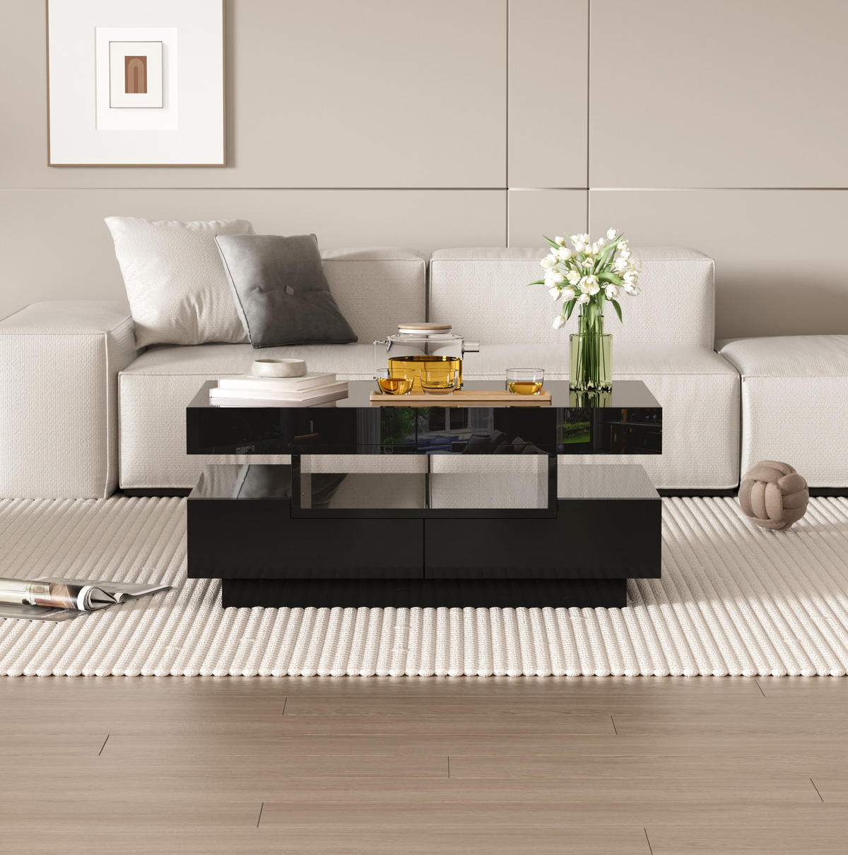 COUCHTISCH, Hochglanz-Spanplatte in Schwarz mit einstellbarer LED-Lichtleiste, 80/50/36 cm, Schwarz - Schwarz, Holzwerkstoff (80/50/36cm) - Redom