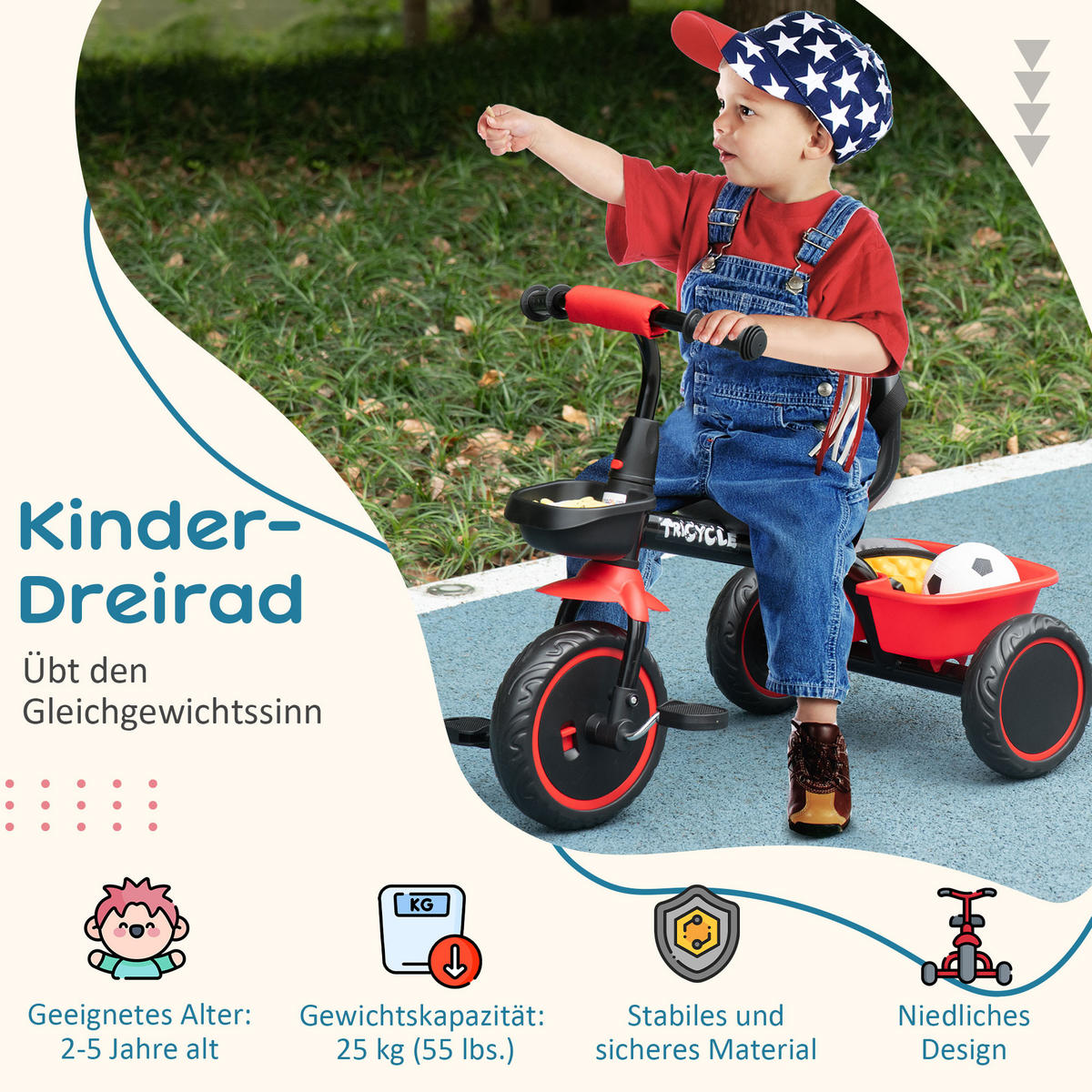 KINDERDREIRAD, Rot＋Schwarz, Stahl+ Kunststoff - Rot, Metall (80/48/63cm) - AIYAPLAY